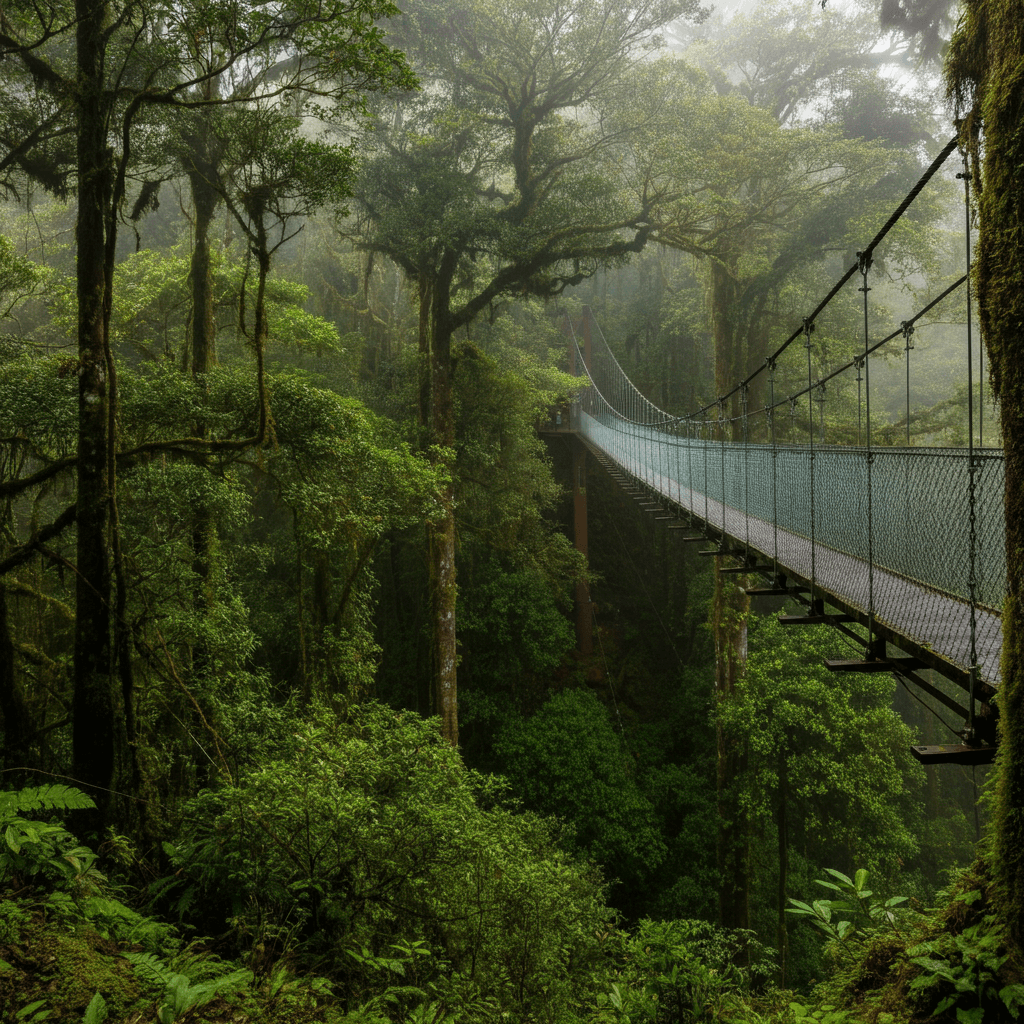 A suspension bridge extending into a dense, misty rainforest with lush green trees and hanging moss.
