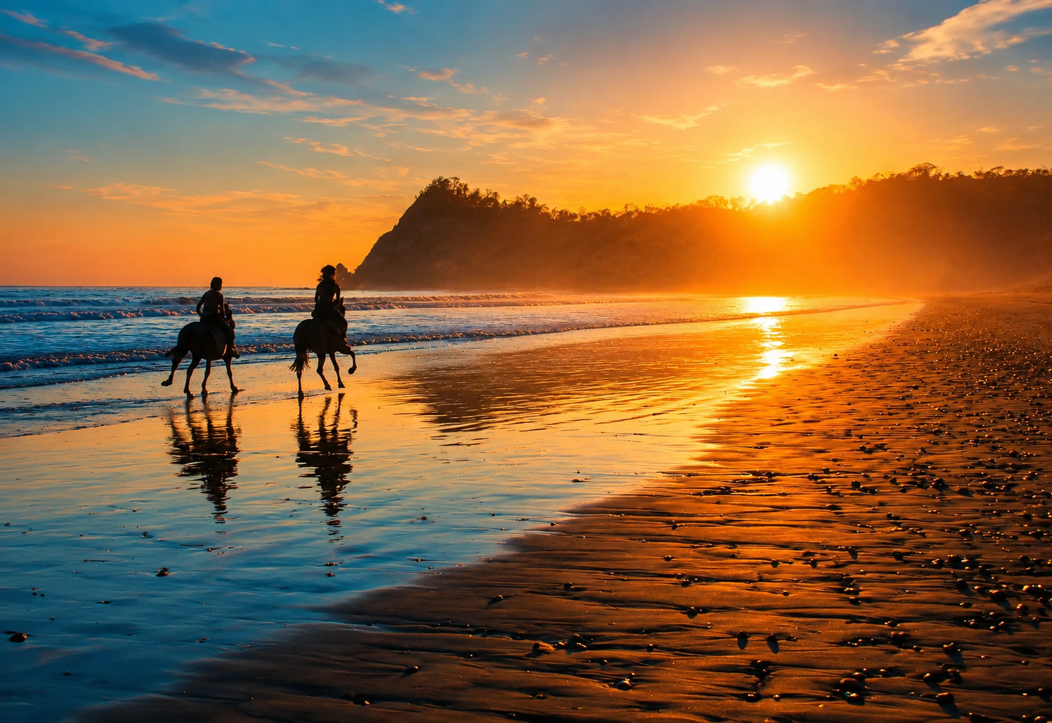 Two people riding horses along the shoreline during a vibrant sunset, with the golden sky and reflections on the wet sand and water, and a silhouette of a large hill or mountain in the distance.