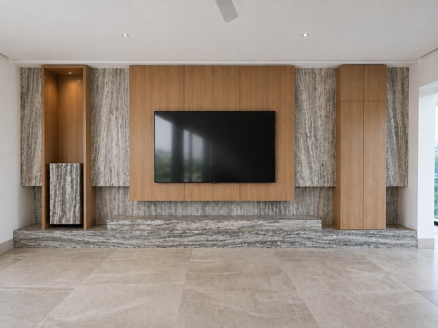 Modern living room with a wall-mounted flat-screen TV, wooden panels, and marble accents.