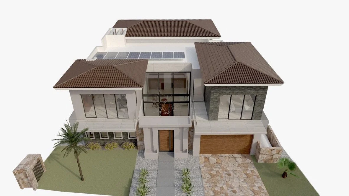 3D model of a modern two-story house with a courtyard, palm trees, and solar panels on the roof.