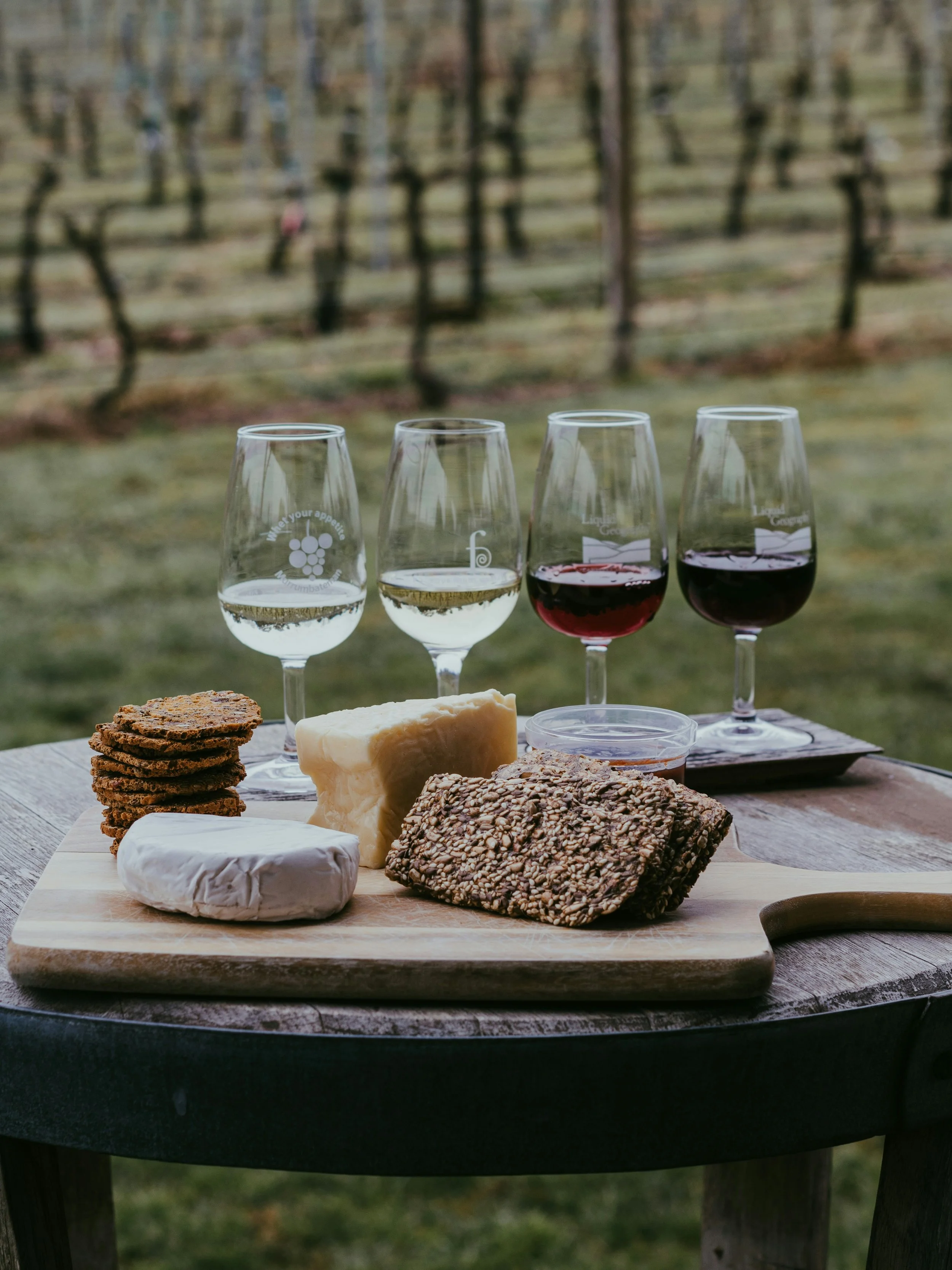 A wooden table with a cheese and cracker platter, four glasses of wine with different types of wine, set outdoors with a vineyard in the background.