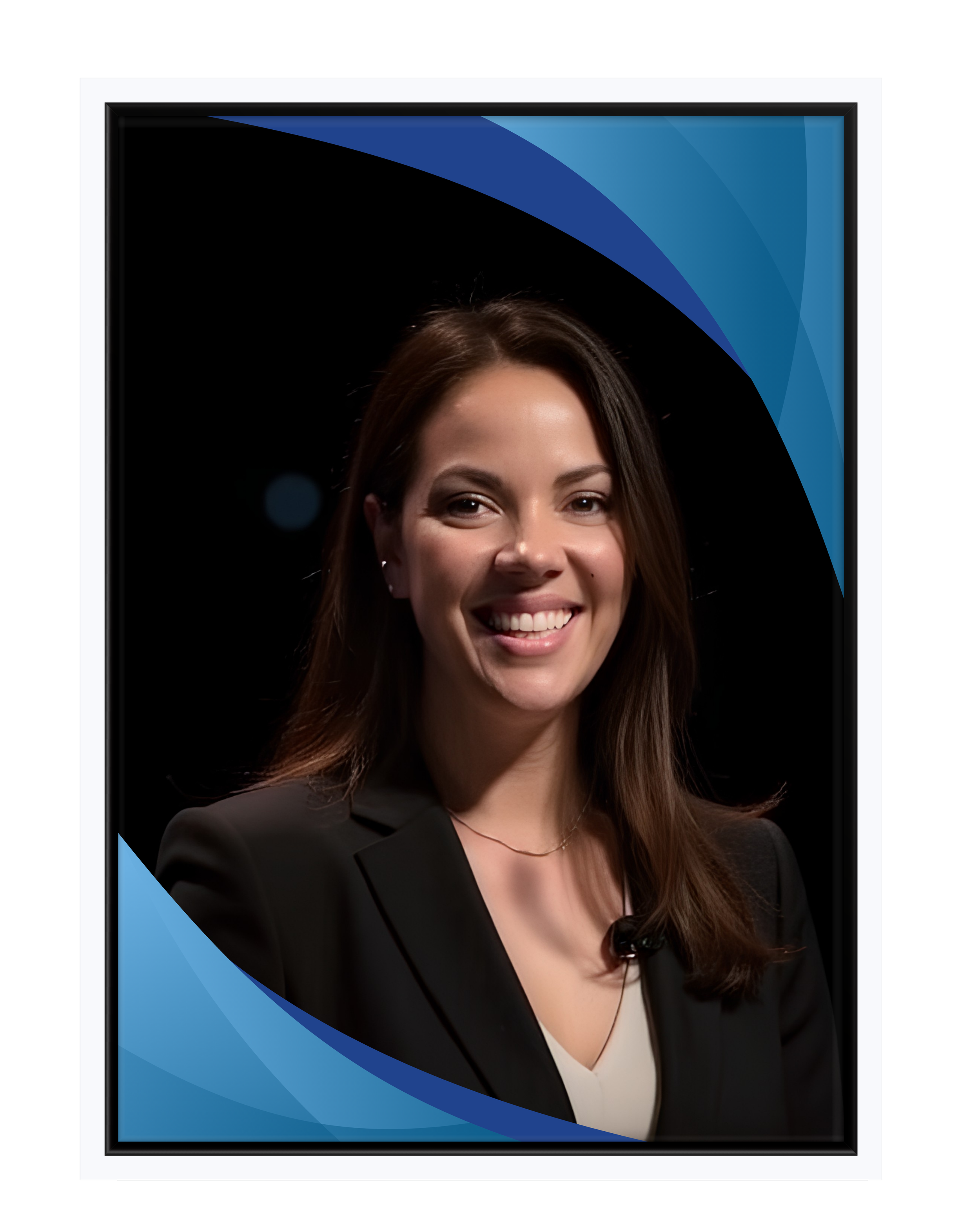 A woman with brown hair, wearing a black blazer and a white top, smiling confidently against a dark background with blue accents.