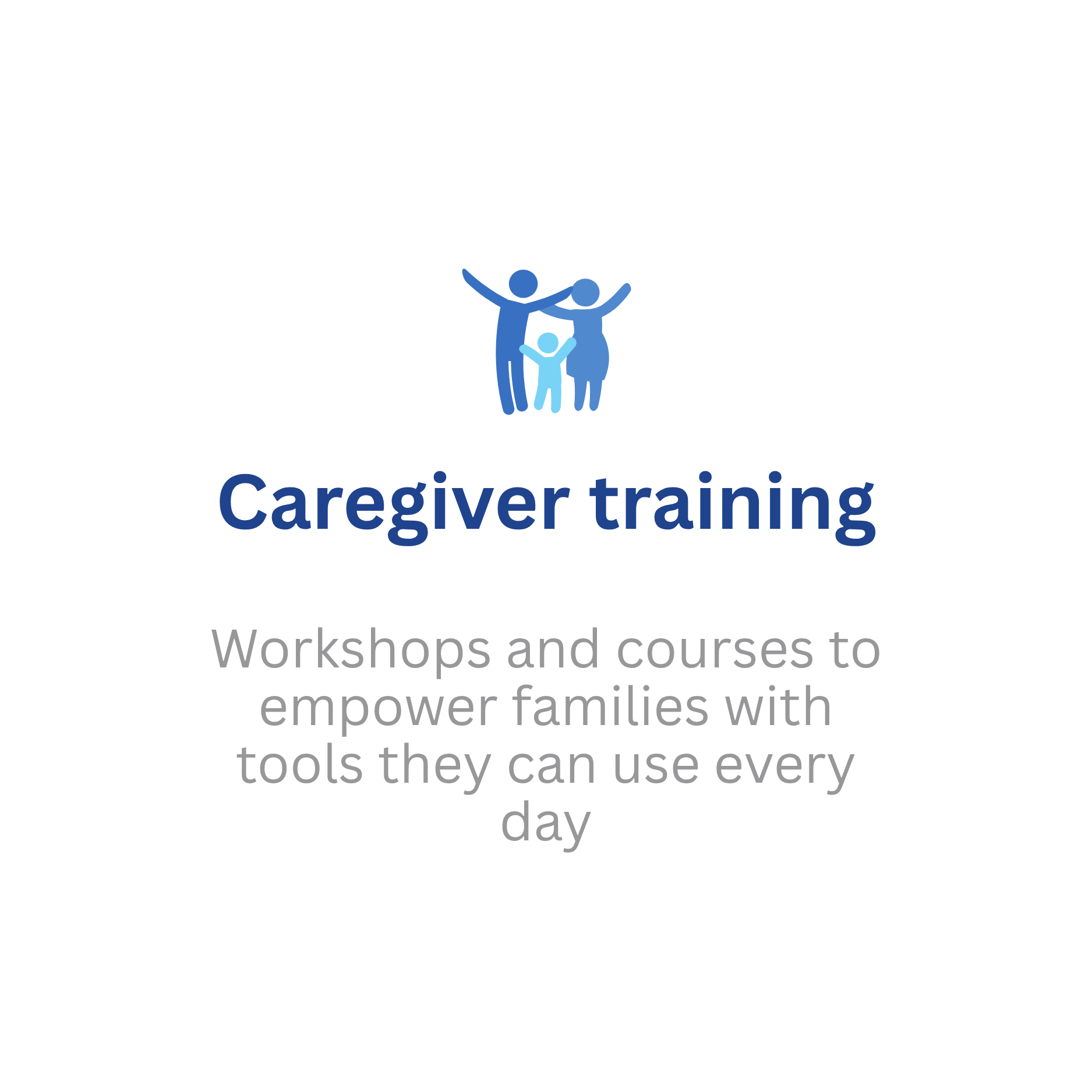 Logo for Caregiver Training with three stylized blue human figures with their arms raised, representing a caregiver, a child, and an adult, above the text 'Caregiver training'.