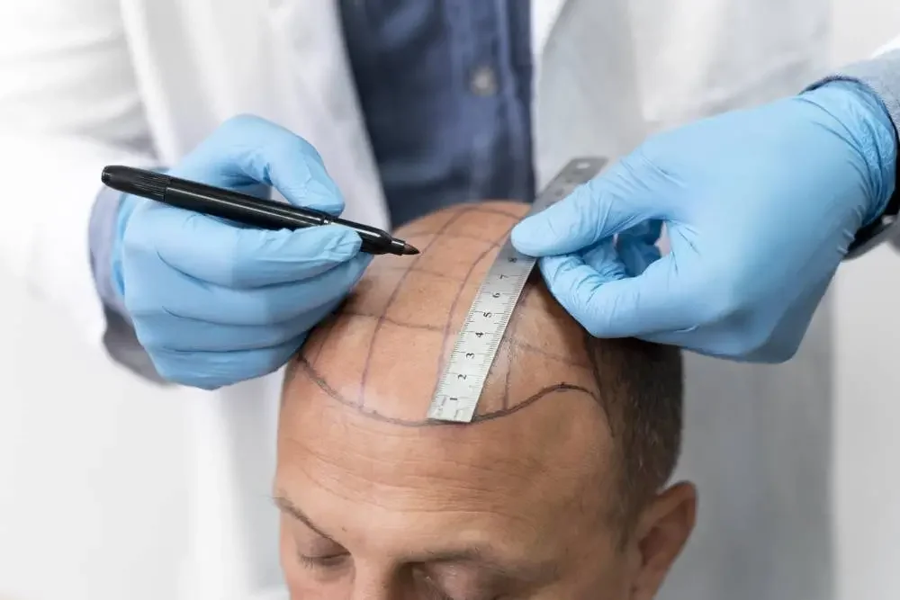 A person with short hair and light skin has blue gloves on and is marking a scalp with a black marker and measuring with a metal ruler, preparing for a hair transplant or scalp surgery.