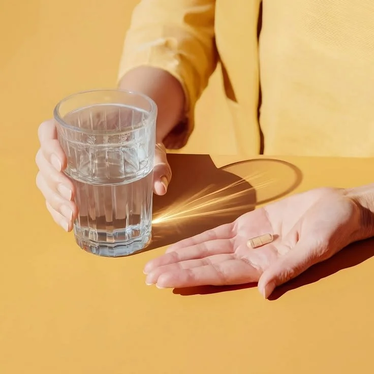 A person in a yellow shirt is holding a glass of water over an open palm with a pill on it, against a yellow background.