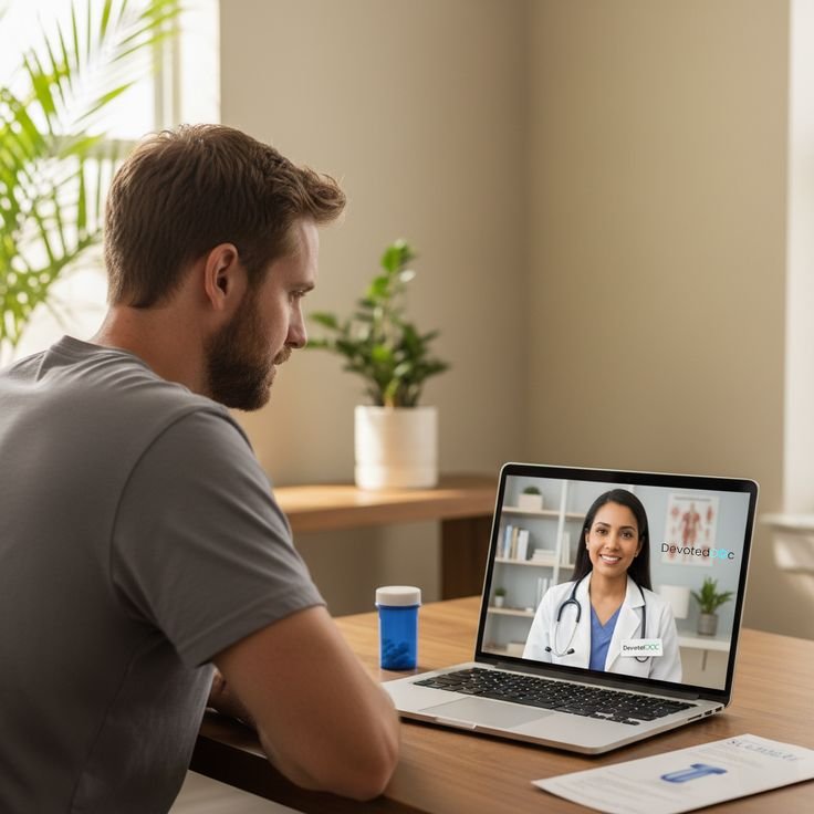 A man with a beard wearing a gray t-shirt sits at a wooden table during a video call with a female doctor who is smiling and wearing a white coat in a professional setting. There are plants in the background and a medication bottle on the table.