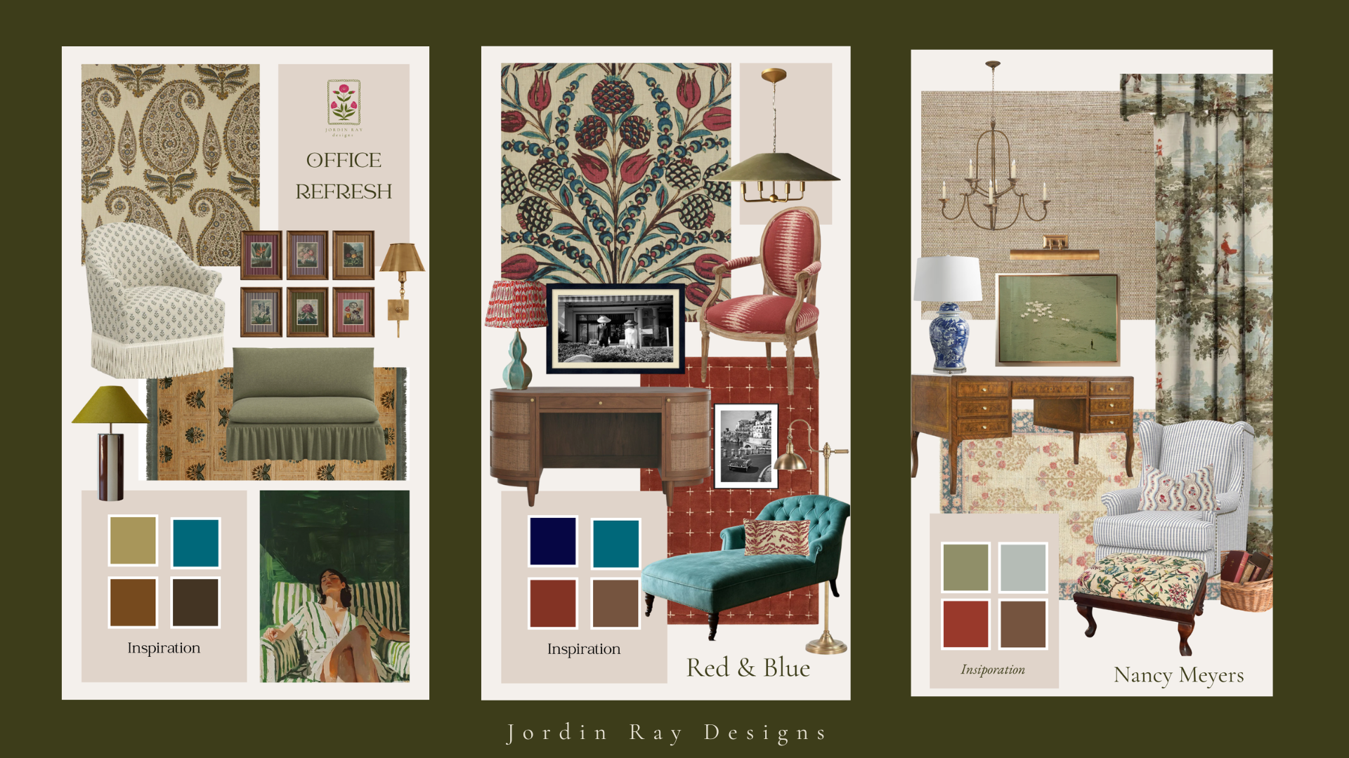 Collage of interior design mood boards featuring vintage and floral themes with furniture, textiles, and color palettes.
