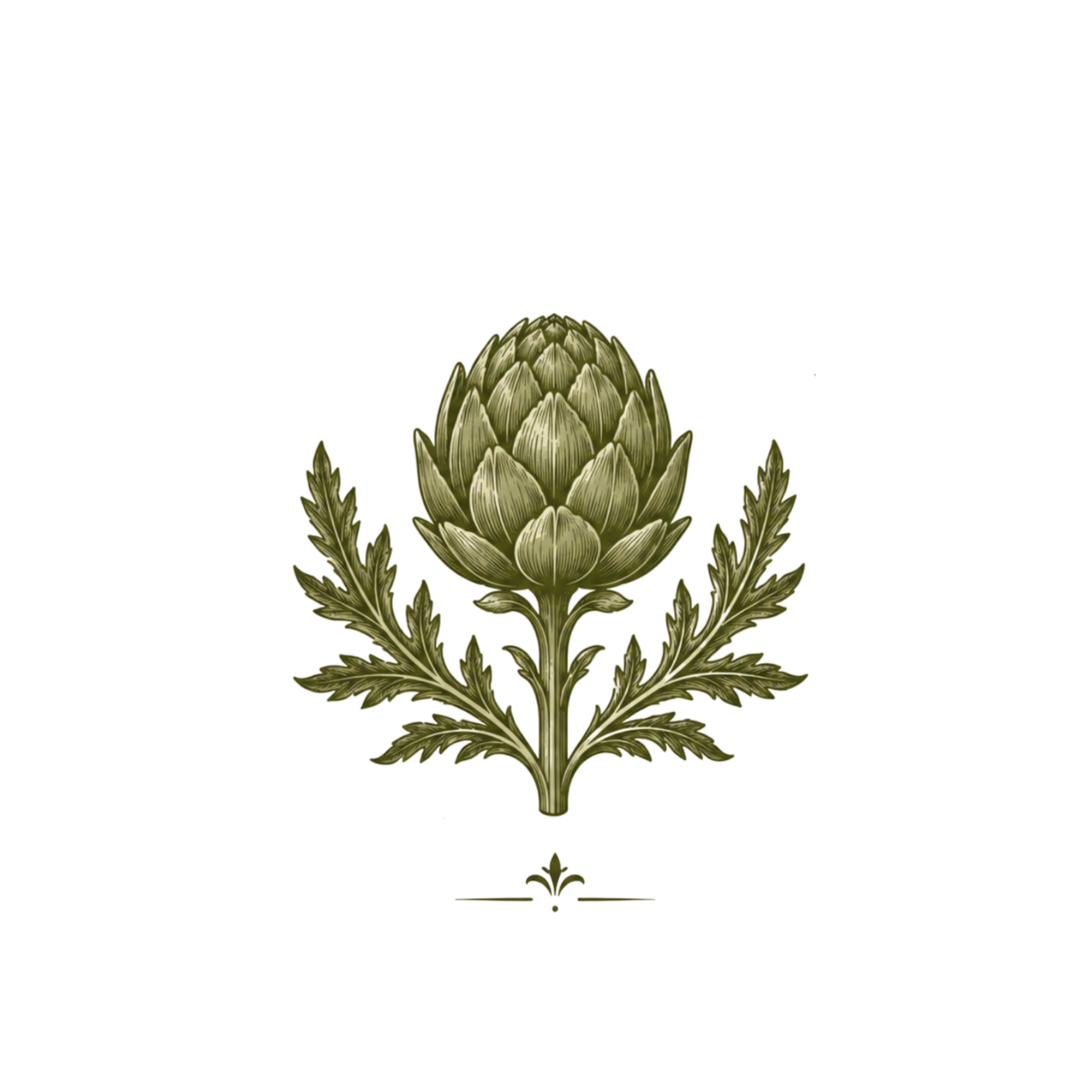 Illustration of a green artichoke flower with detailed leaves and a symmetrical design.