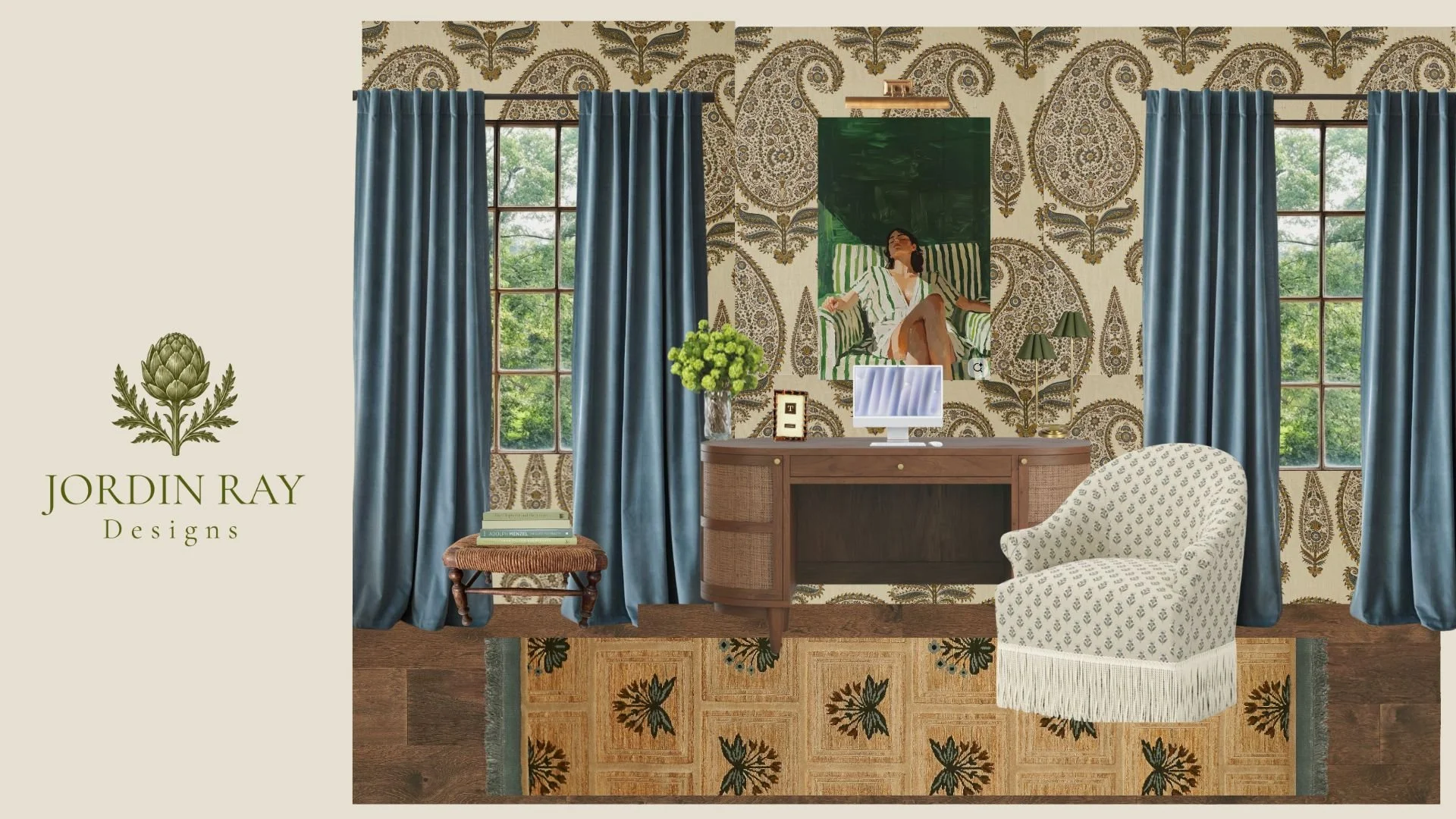 Interior room featuring a wooden desk, a patterned upholstered chair, a large floral wallpaper, two windows with blue curtains, a painting of a woman, a small bouquet of green flowers, a picture frame, a book, and a rug with floral design.