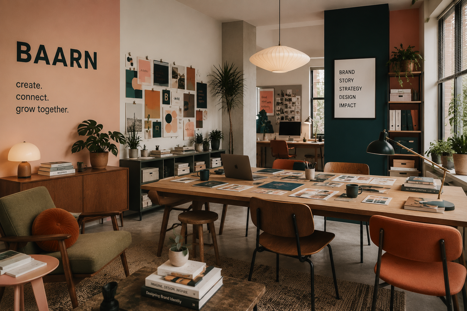 Modern coworking office with wooden tables, orange and green chairs, plants, large window, and wall art related to branding and design.
