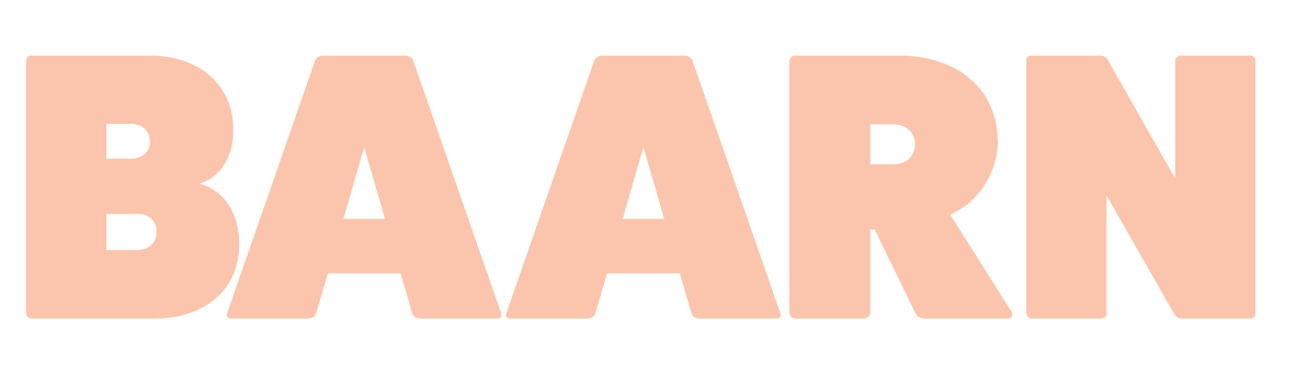 Bold, peach-colored text spelling out BAARN on a black background.