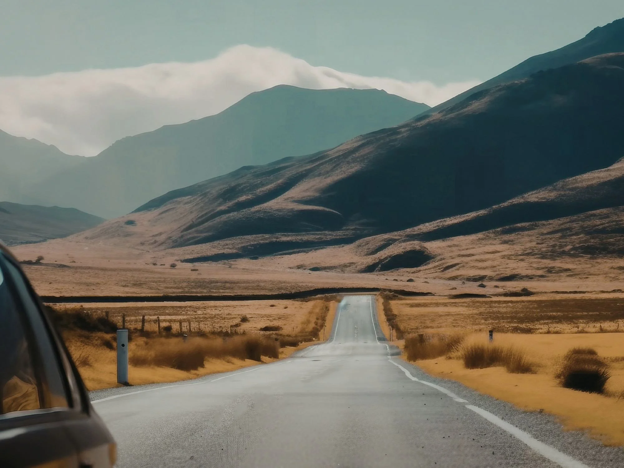 A road in a dessert with mountains in the background