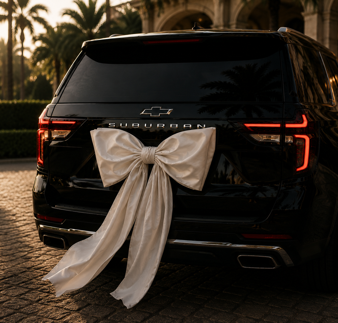 Black Chevrolet Suburban decorated for wedding transportation service in Miami with luxury chauffeur