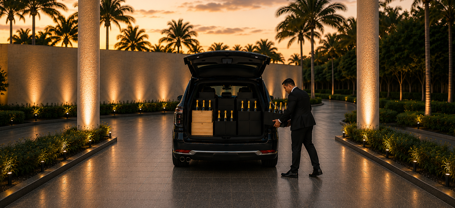 A man dressed in a suit loading bottles into the trunk of a black SUV at sunset, with palm trees and landscaped gardens illuminated with ground lights.