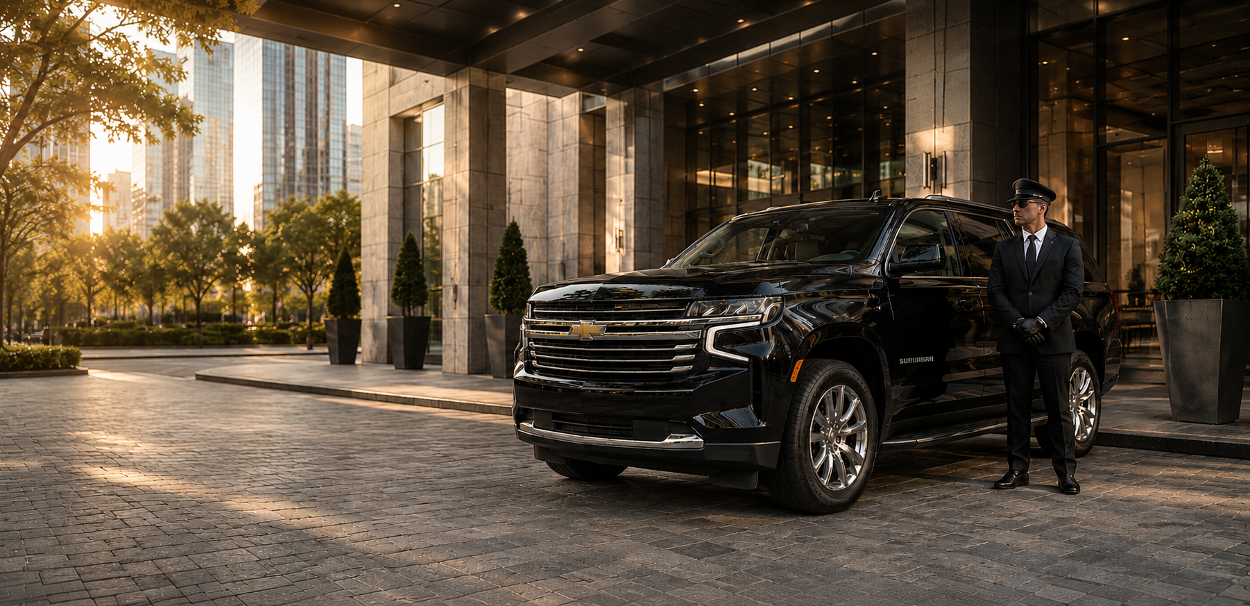 Private chauffeur standing beside black Chevrolet Suburban for luxury SUV transportation service in Miami hotel entrance