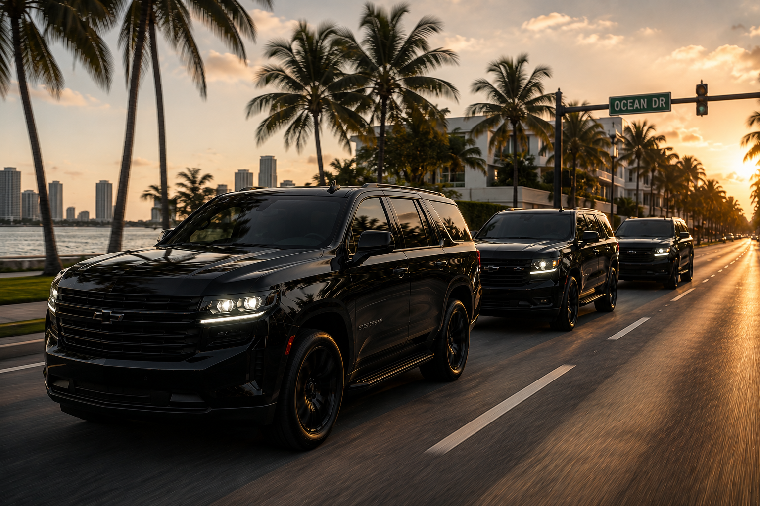 Fleet of black luxury SUVs driving in Miami for wedding transportation and private chauffeur service