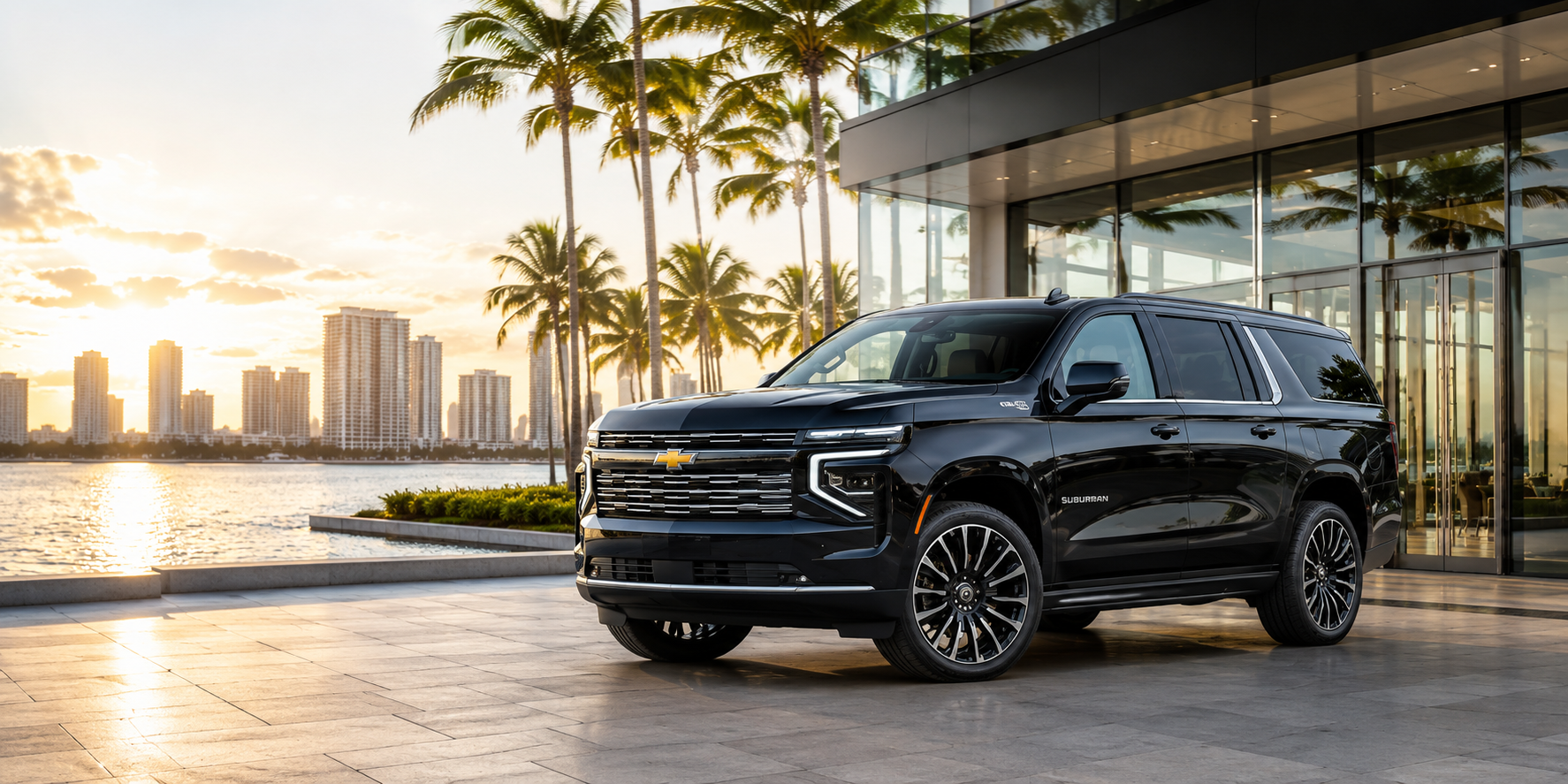 A black Chevrolet Suburban SUV parked outside a modern glass building with a city skyline and palm trees in the background during sunset.