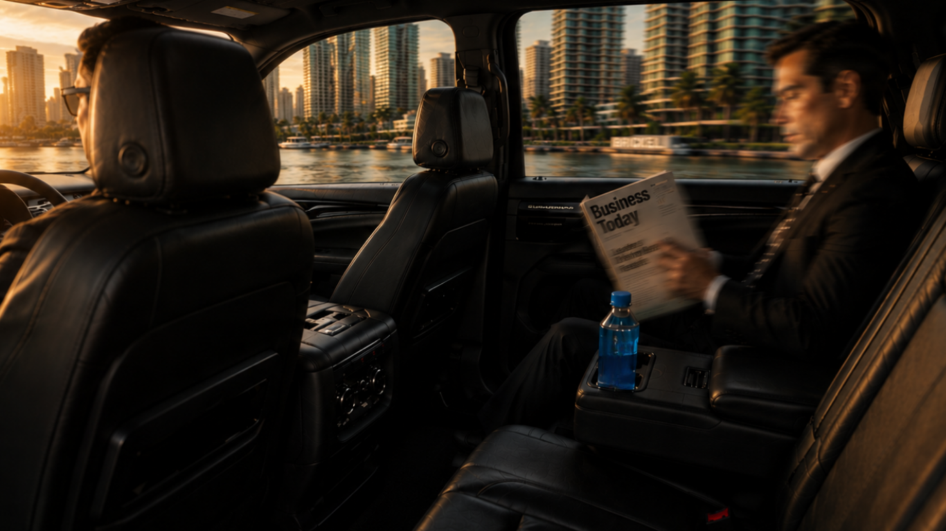 Interior of a luxury vehicle with two men dressed in suits, one reading a newspaper titled 'Business Today,' and a city skyline with high-rise buildings across a waterway in the background during sunset.