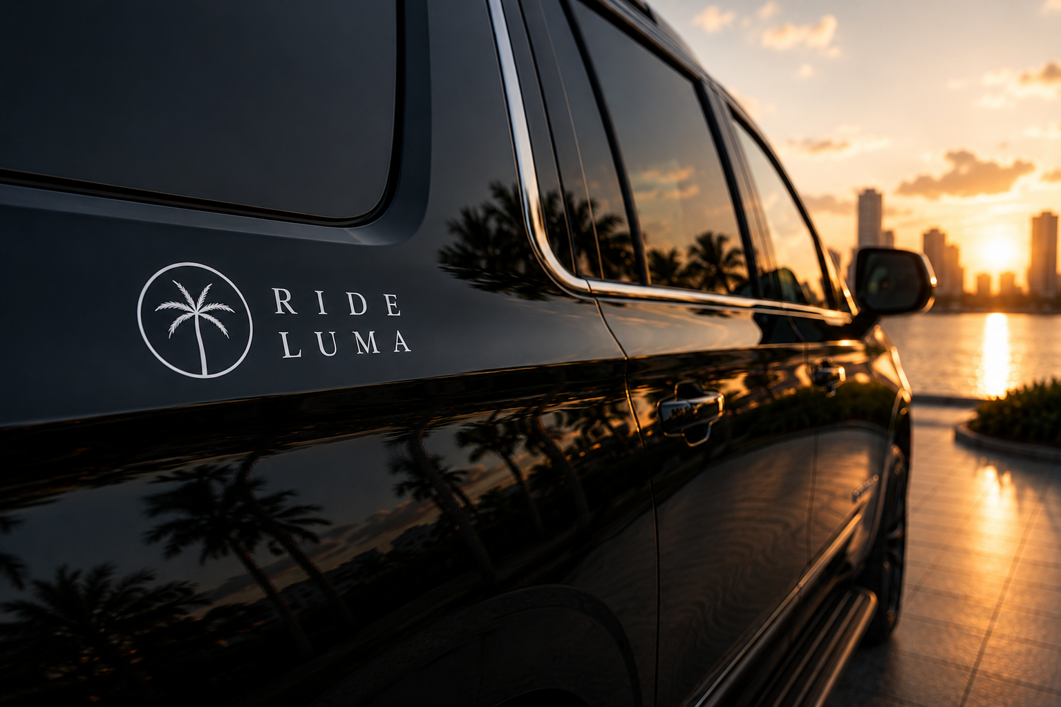 A black vehicle with a Rider Luma logo on the side, reflecting palm trees and a sunset skyline.