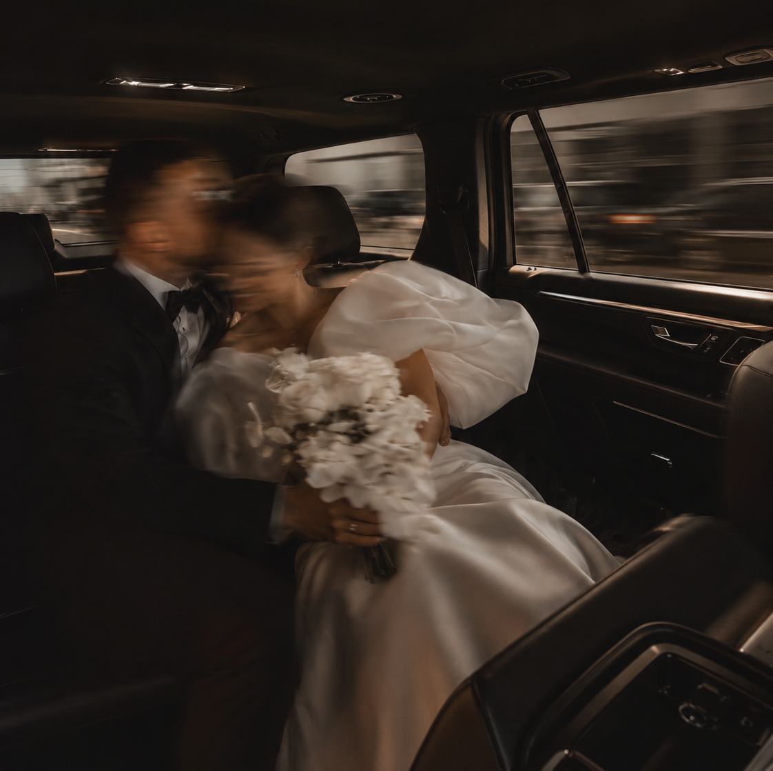 Wedding couple inside black luxury SUV with chauffeur service in Miami capturing intimate private transportation moment