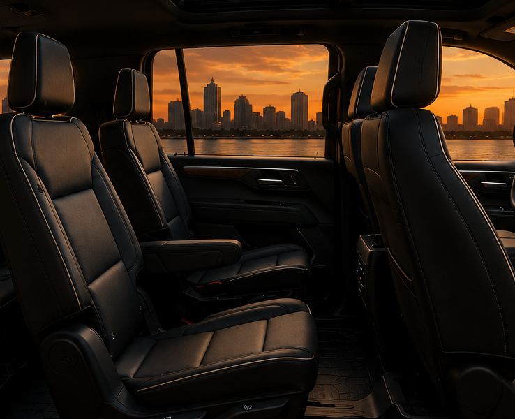 Luxury SUV interior for private chauffeur transportation in Miami with spacious black leather seating