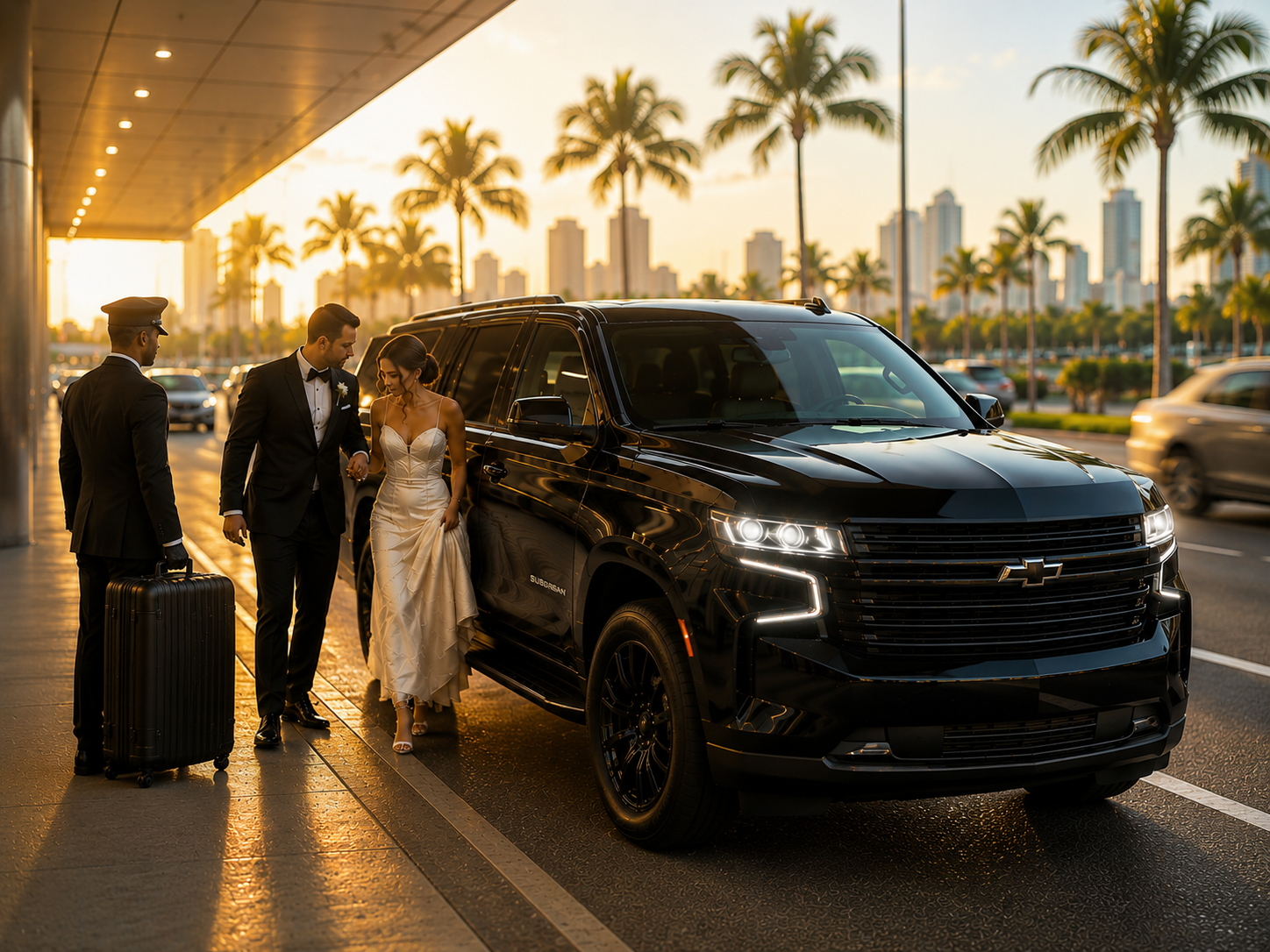 Wedding couple with chauffeur next to black luxury SUV for private transportation service in Miami