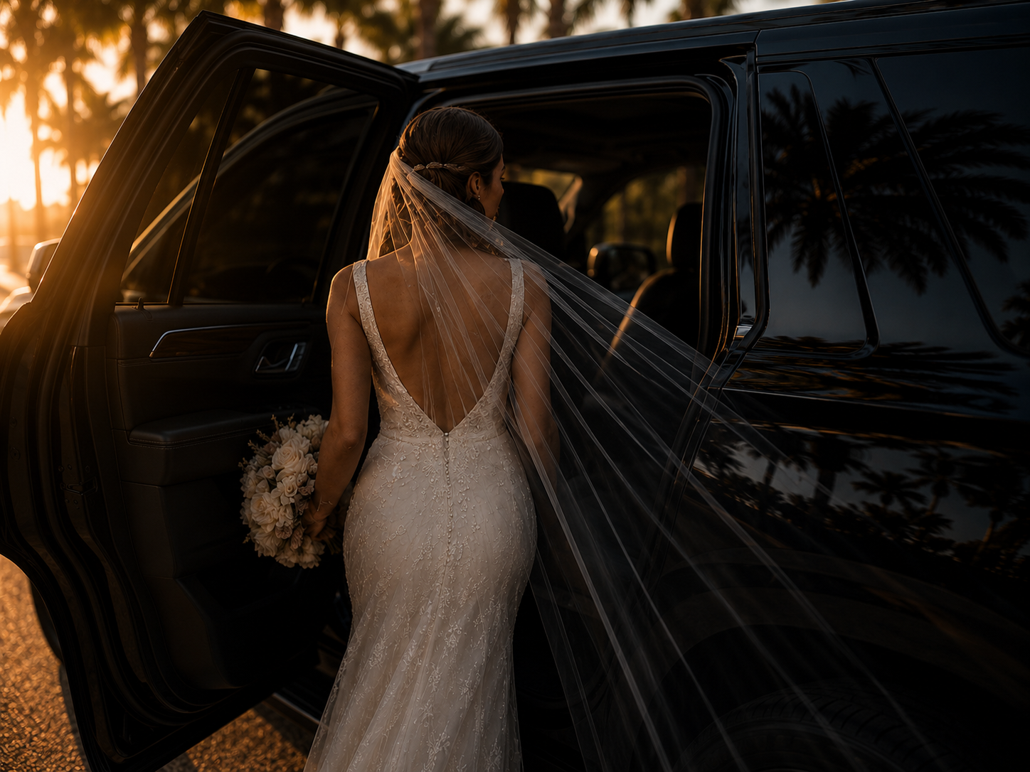 Bride entering black luxury SUV for wedding transportation service in Miami waterfront setting