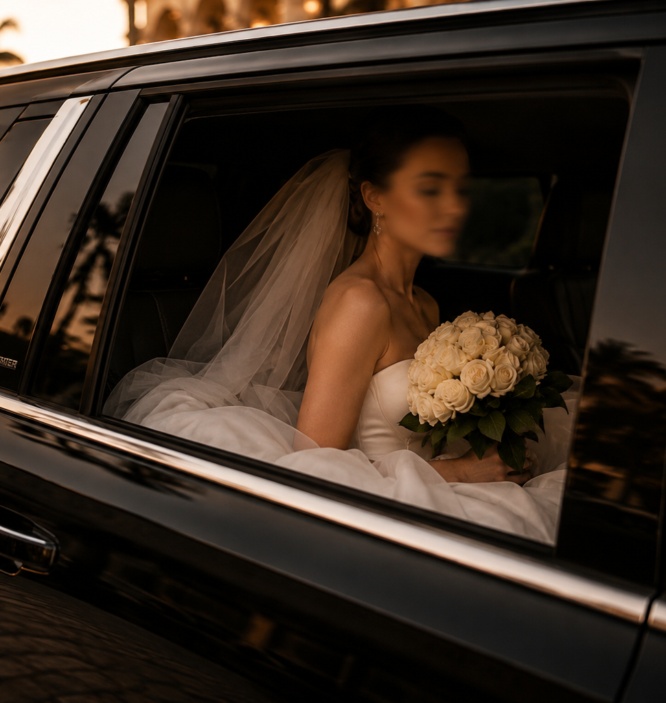 Bride inside black luxury SUV for wedding transportation service in Miami with private chauffeur