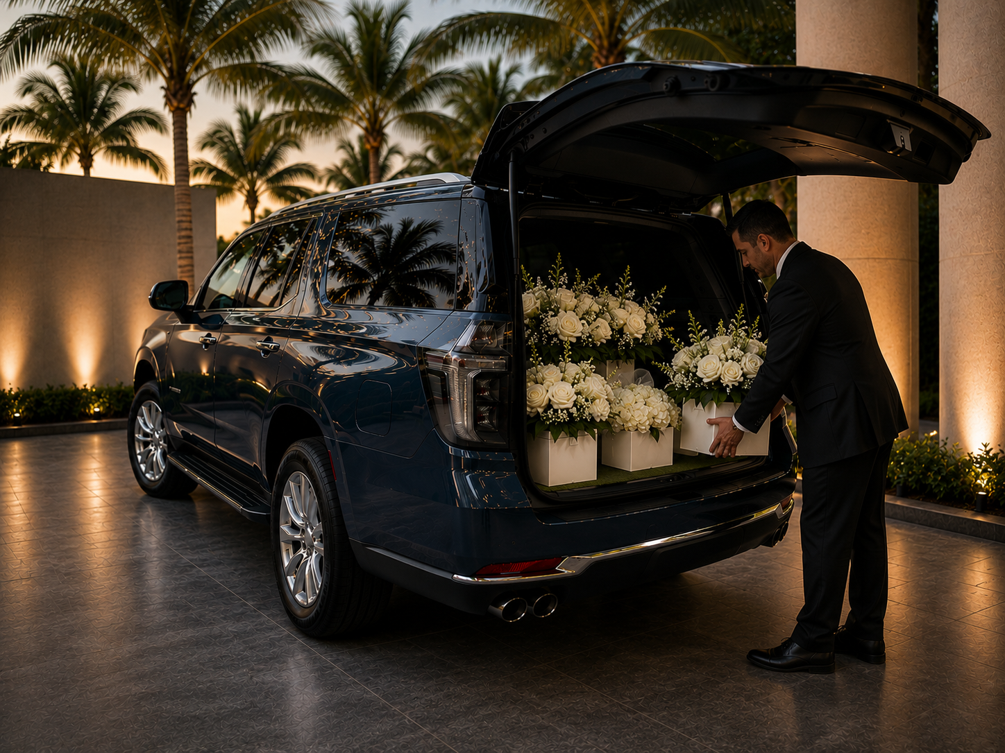 A man in a black suit placing a white floral arrangement into the back of a dark blue SUV, which is parked on a tiled surface near white columns and illuminated palm trees at sunset.