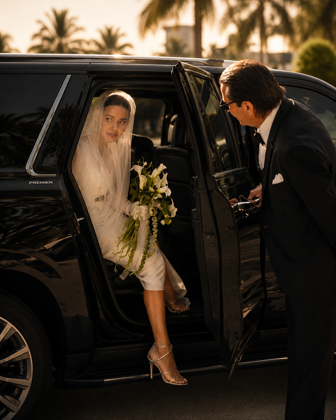 Bride stepping out of black luxury SUV with chauffeur for wedding transportation service in Miami