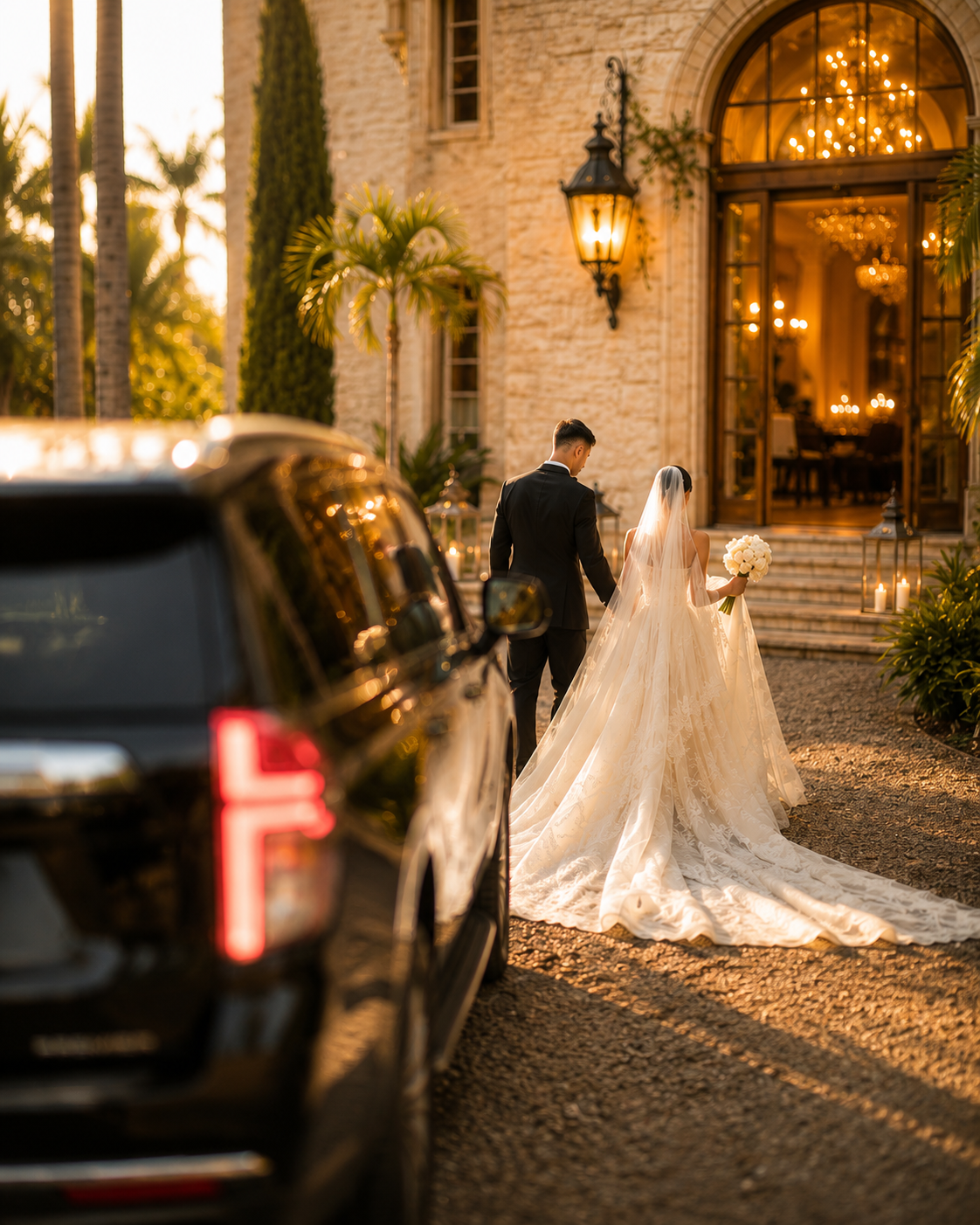 Wedding couple arriving at venue with luxury SUV chauffeur service in Miami during sunset