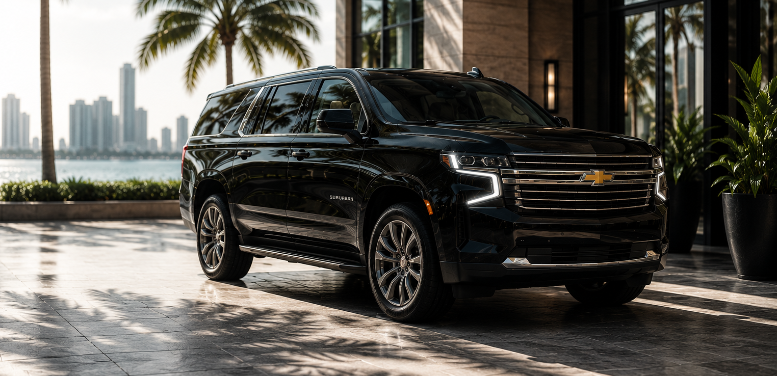 Black Chevrolet Suburban luxury SUV for private chauffeur service in Miami showcasing premium fleet and executive transportation