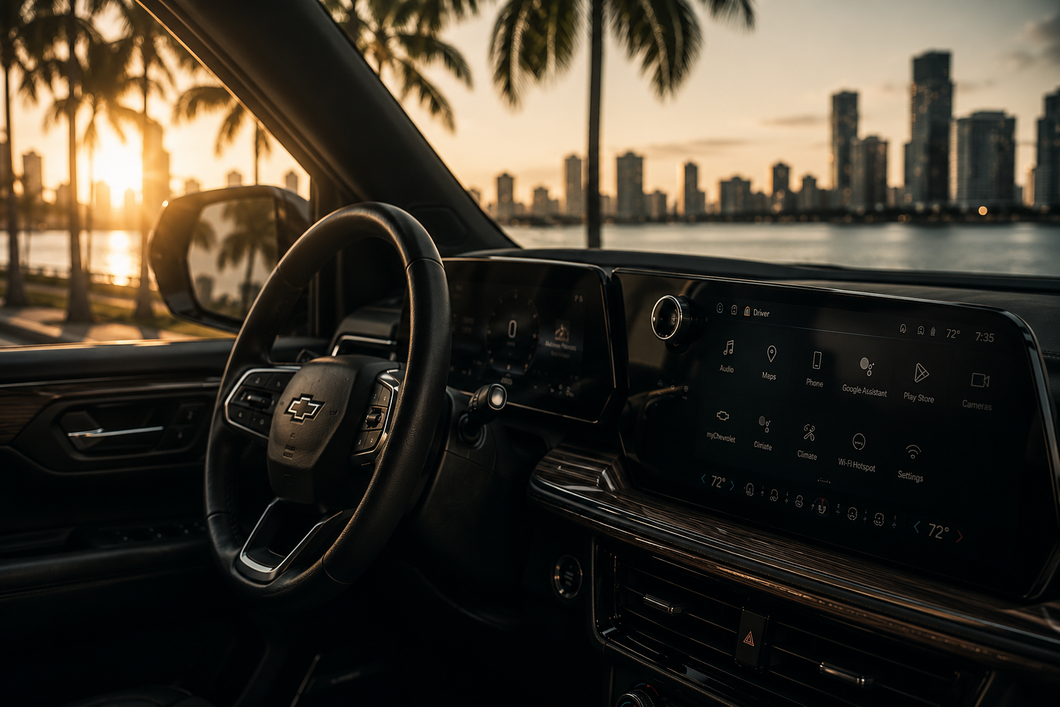 Luxury SUV interior with Miami skyline at sunset, black leather cabin and waterfront palm-lined city view, Ride Luma private chauffeur experience
