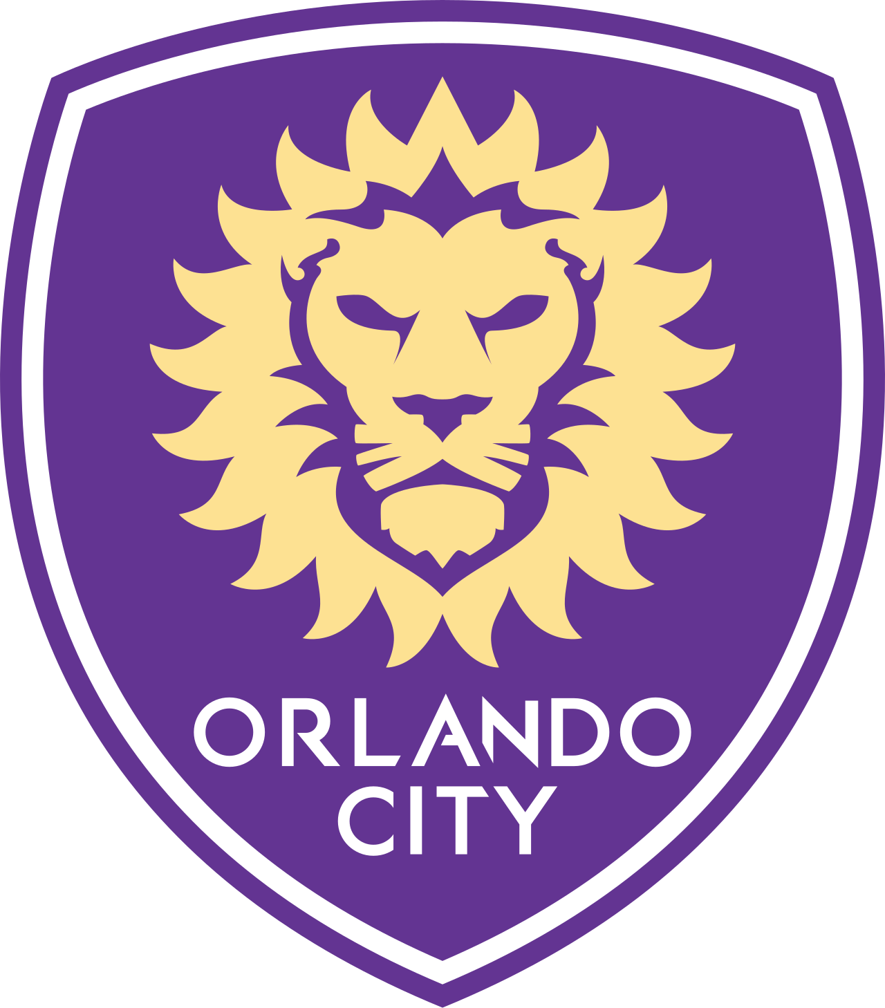 Orlando City soccer team logo featuring a stylized lion's face on a purple shield background with white outline and the text 'Orlando City' below.