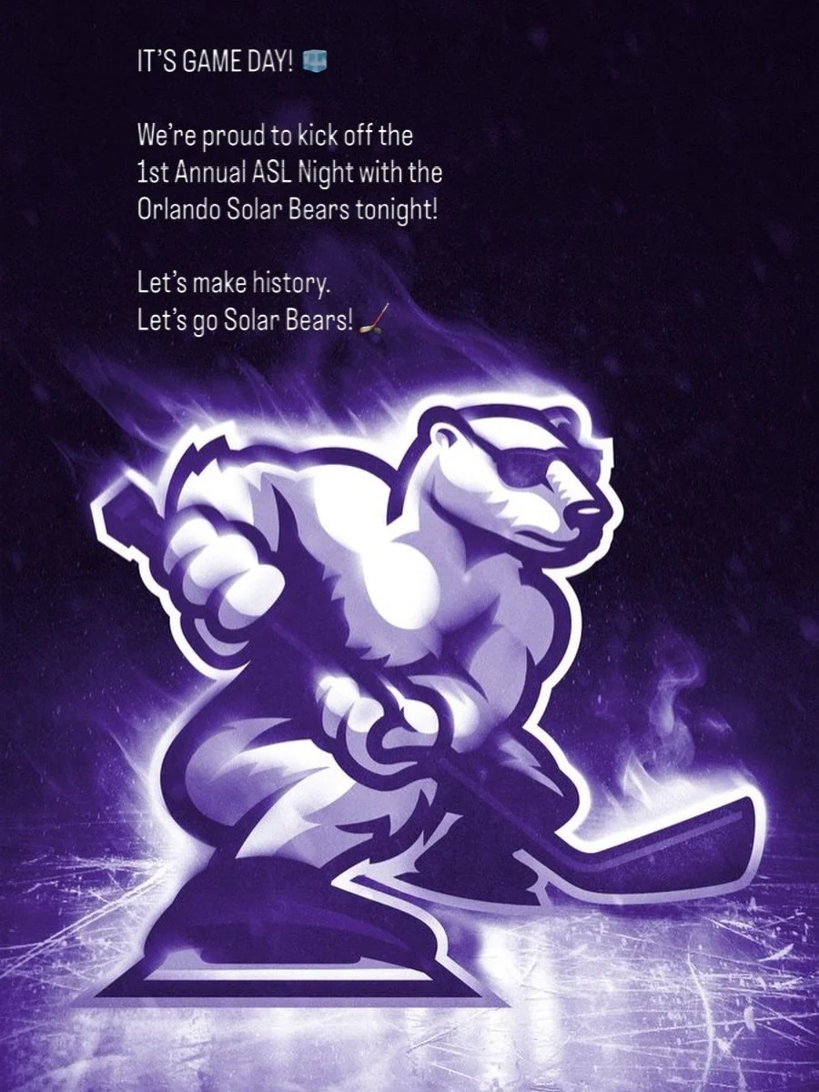 IT&rsquo;S GAME DAY! 🏒

Tonight we make history.

1st Annual ASL Night with the @solarbearshockey is HERE and @deaf.florida is in the building! 💜

ASL. Hockey. Community. Let&rsquo;s ride. 🌟

Let&rsquo;s go Solar Bears! 🏒