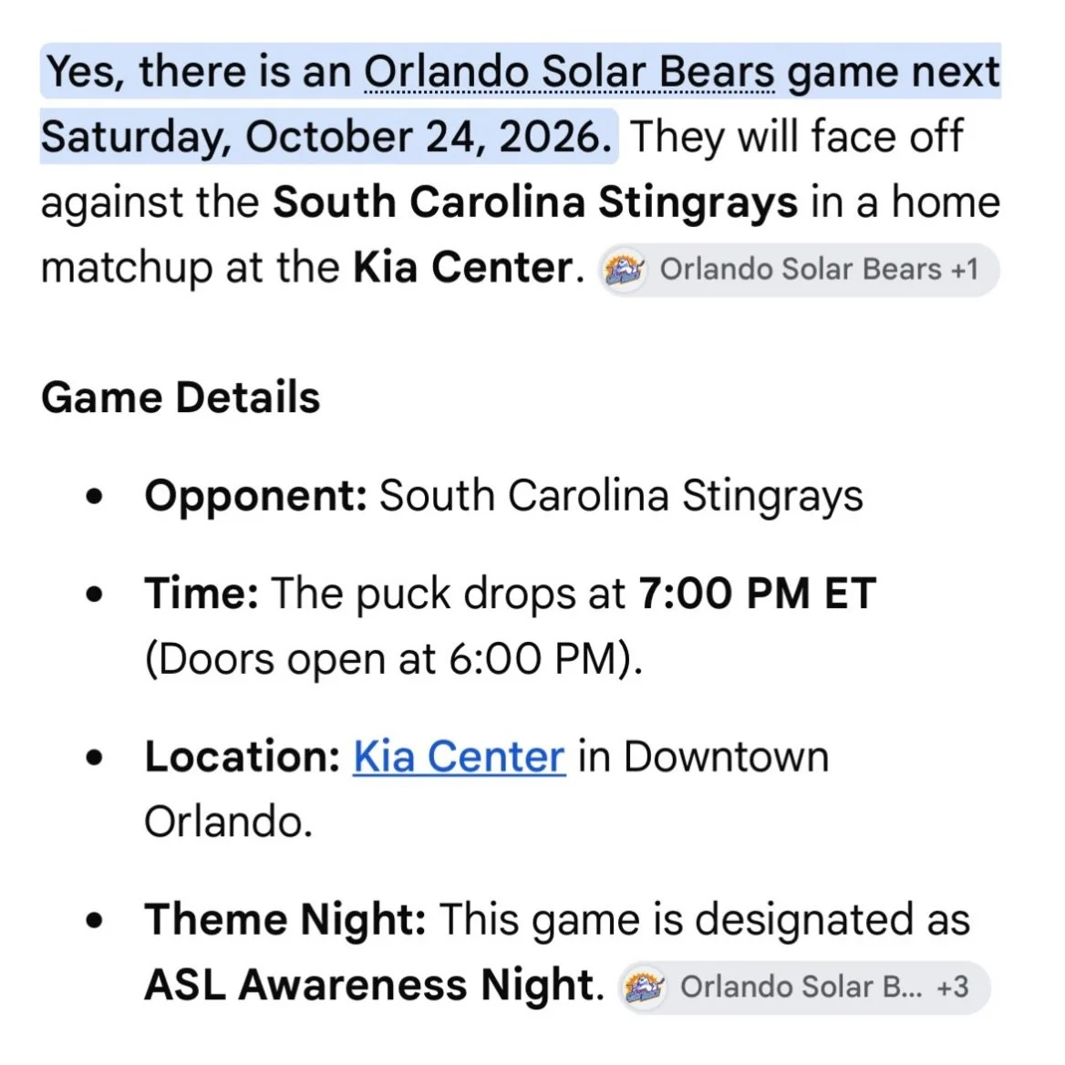 When you Google the @solarbearshockey game and it says ASL Awareness Night 👀

Yes, it&rsquo;s real, and yes, it&rsquo;s ours!

🏒 This isn&rsquo;t just a game with an interpreter in the corner. The Orlando Solar Bears have dedicated an entire night 