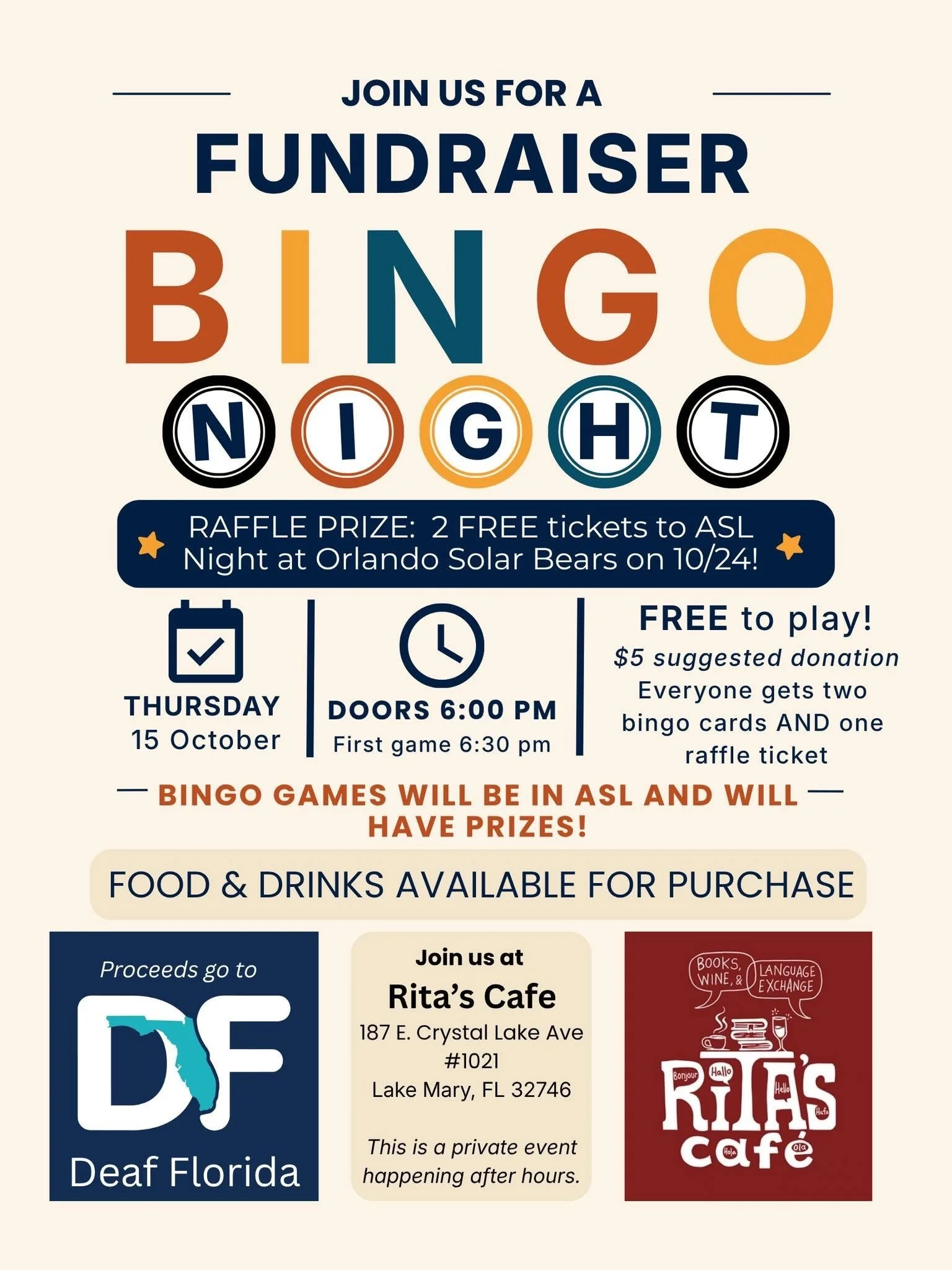 🎉 BINGO NIGHT FUNDRAISER 🎉

Grab your friends for a night of BINGO, all in ASL! 🤟

🆓 FREE to play ($5 suggested donation) 🎟️ Everyone gets 2 bingo cards + 1 raffle ticket
🏒 Raffle prize: 2 FREE tickets to ASL Night with the @solarbearshockey on