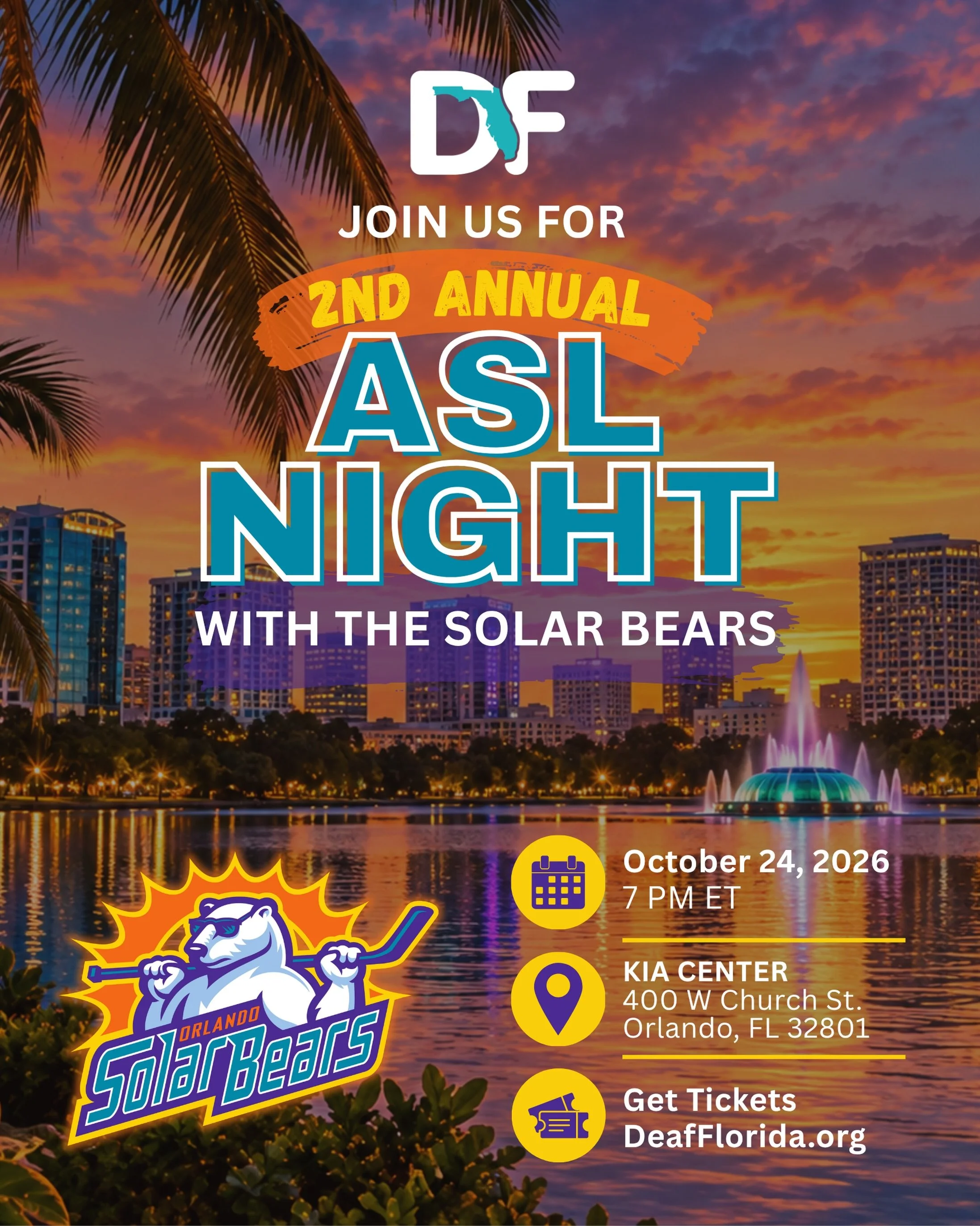 ASL Night is back on the ice with the @solarbearshockey!

Join us Saturday, October 24 at 7 PM at the Kia Center for the 2nd Annual ASL Night with the Orlando Solar Bears! From ASL interpreters at the gates and in sections 101, 102, and 118, to inter