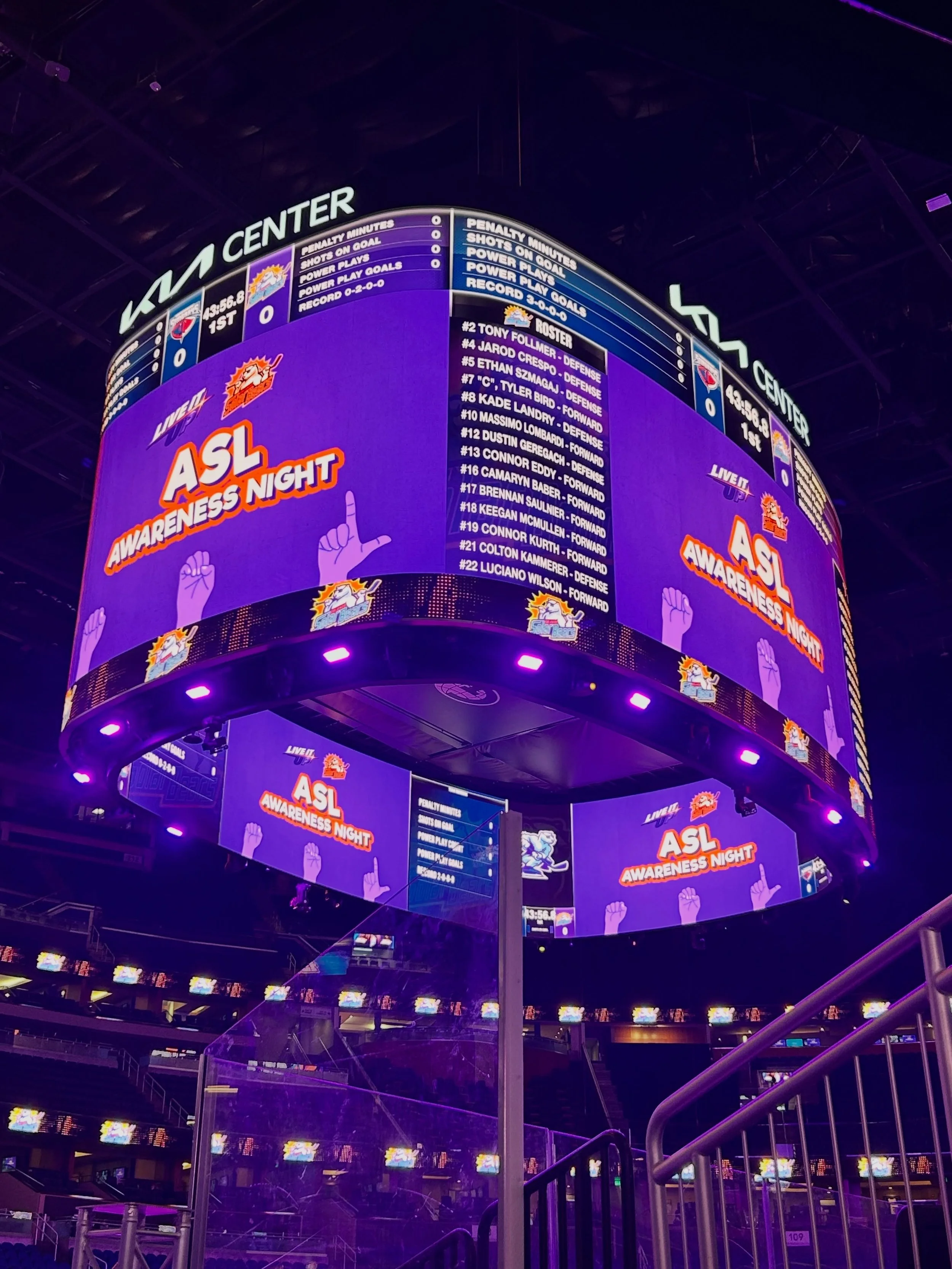 Tonight at @thekiacenter, the scoreboard spelled it out for everyone to see: ASL Awareness Night 🤟🏒

Thank you, @solarbearshockey, for making it special in a way that matters. You didn&rsquo;t give us an accommodation. You gave us an invitation.

T