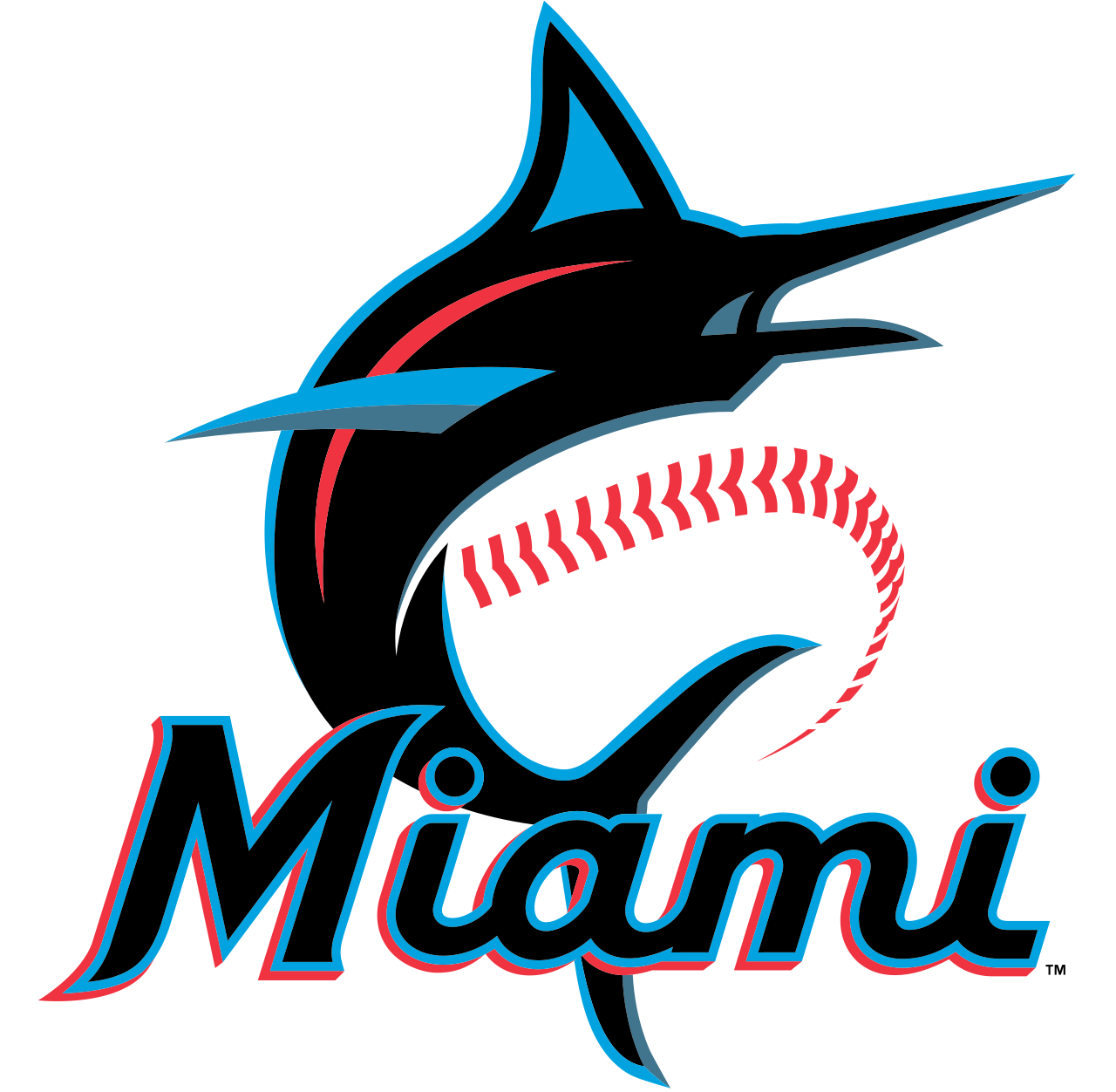 Miami Dolphins logo featuring a stylized dolphin jumping through a football, with the text 'Miami' below in blue and red outline.