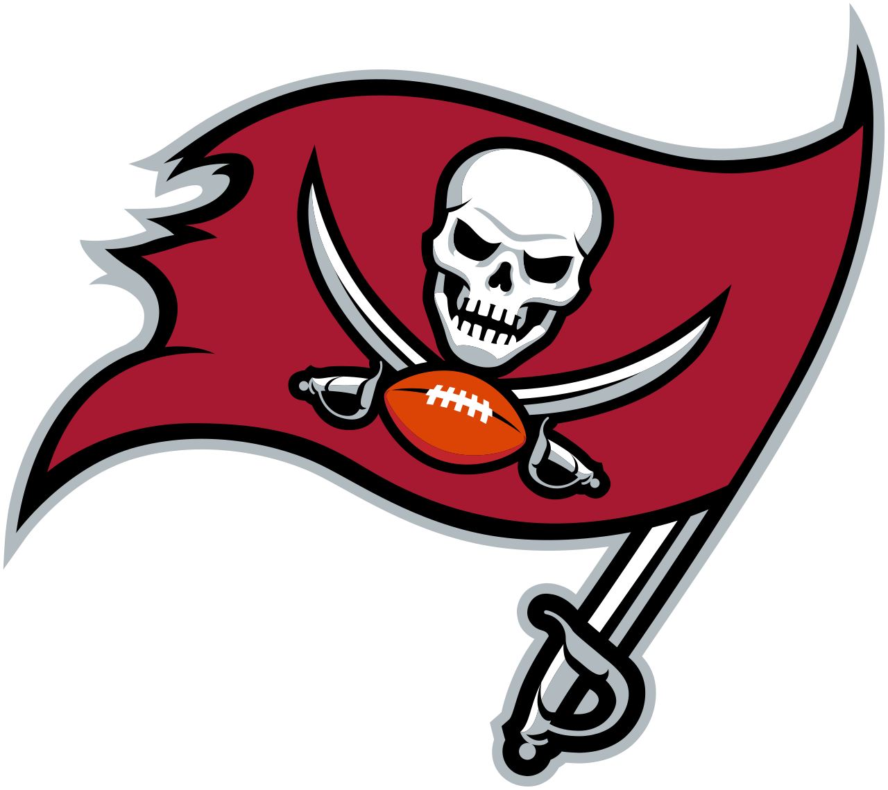 Illustration of a pirate flag with a skull wearing a pirate hat, crossed swords, a football between the swords, and a red background.