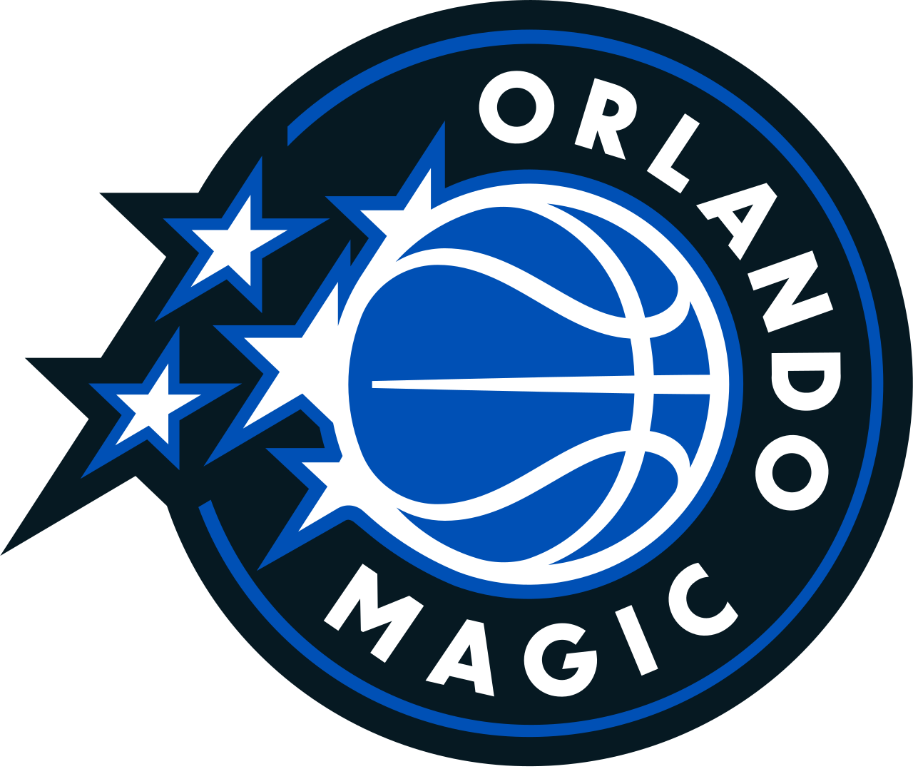 Orlando Magic logo featuring a basketball surrounded by three stars and the team name in a circular design with a blue, black, and white color scheme.
