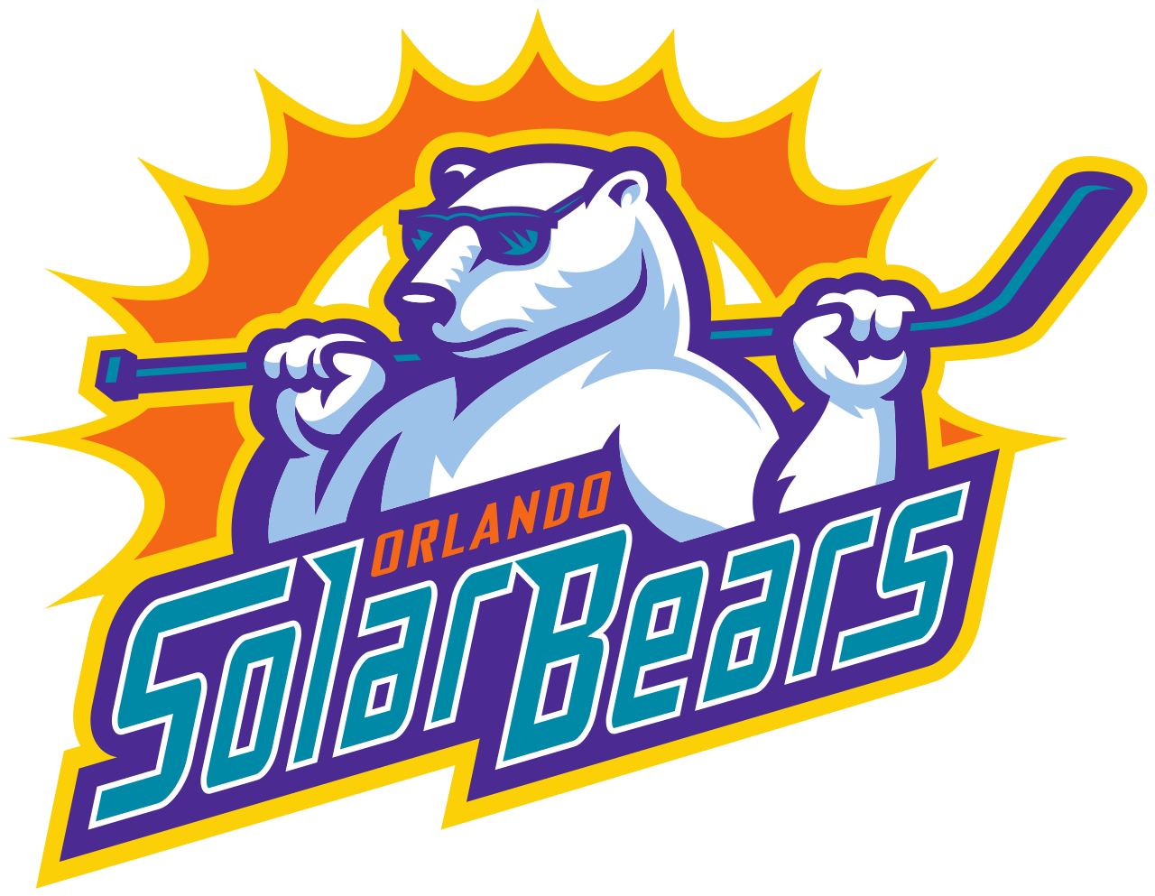 Logo of the Orlando SeaBeasts sports team featuring a polar bear wearing sunglasses, holding a hockey stick, with a fiery orange background and bold teal and orange text.