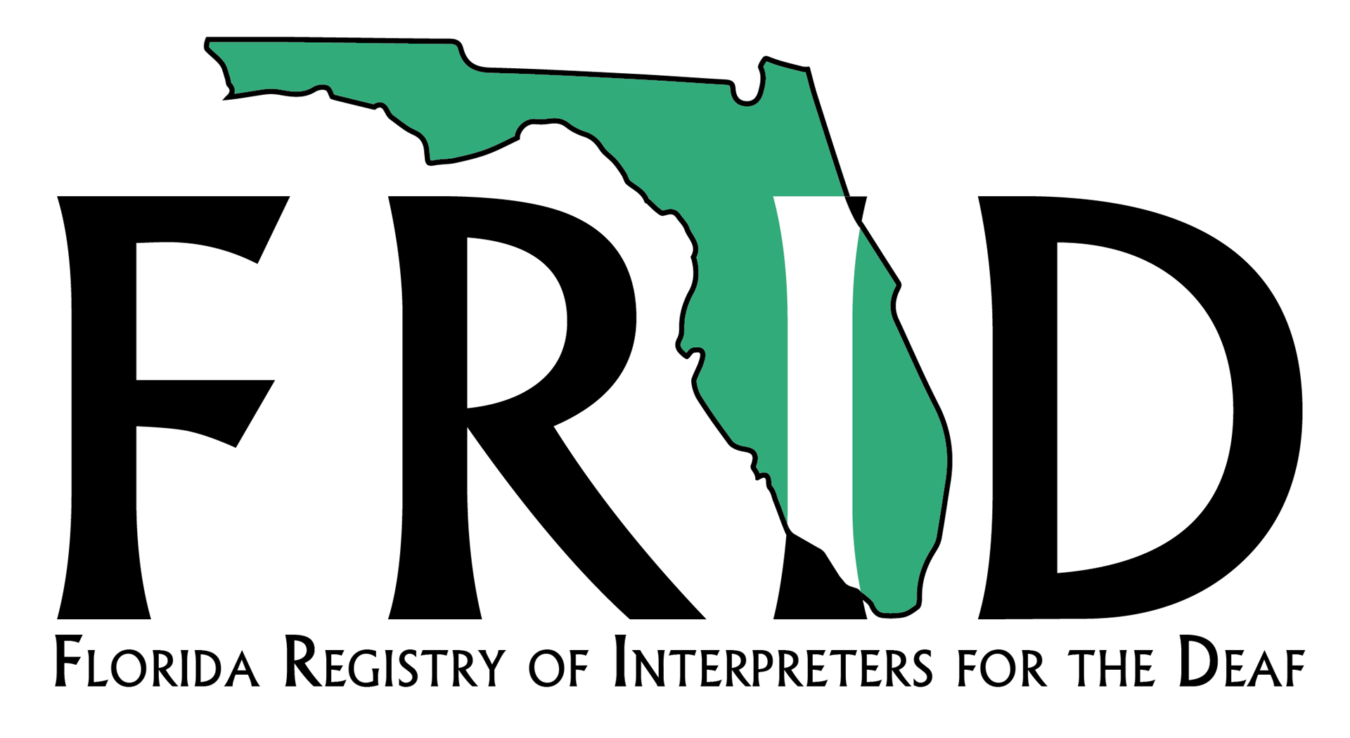 Logo of Florida Registry of Interpreters for the Deaf with the acronym FRID and an outline of the state of Florida in green.