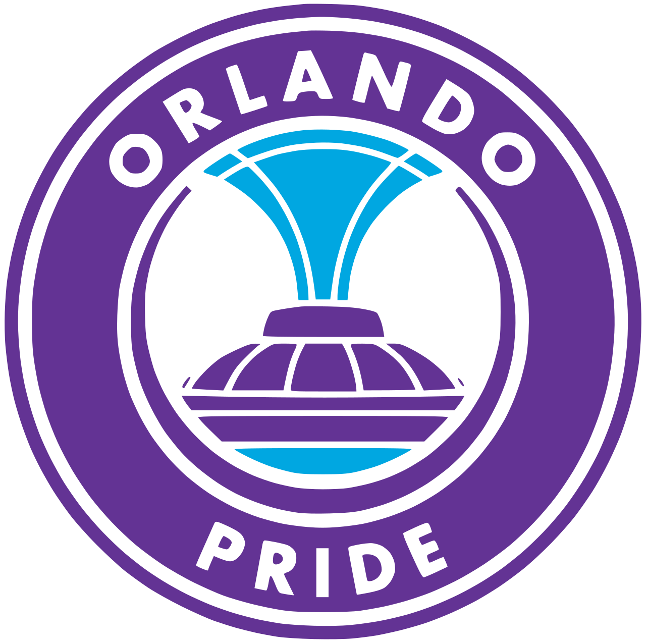 Orlando Pride logo featuring a purple circle with a fountain in the center, with water depicted in blue, and the text "ORLANDO PRIDE" around the top and bottom of the circle.