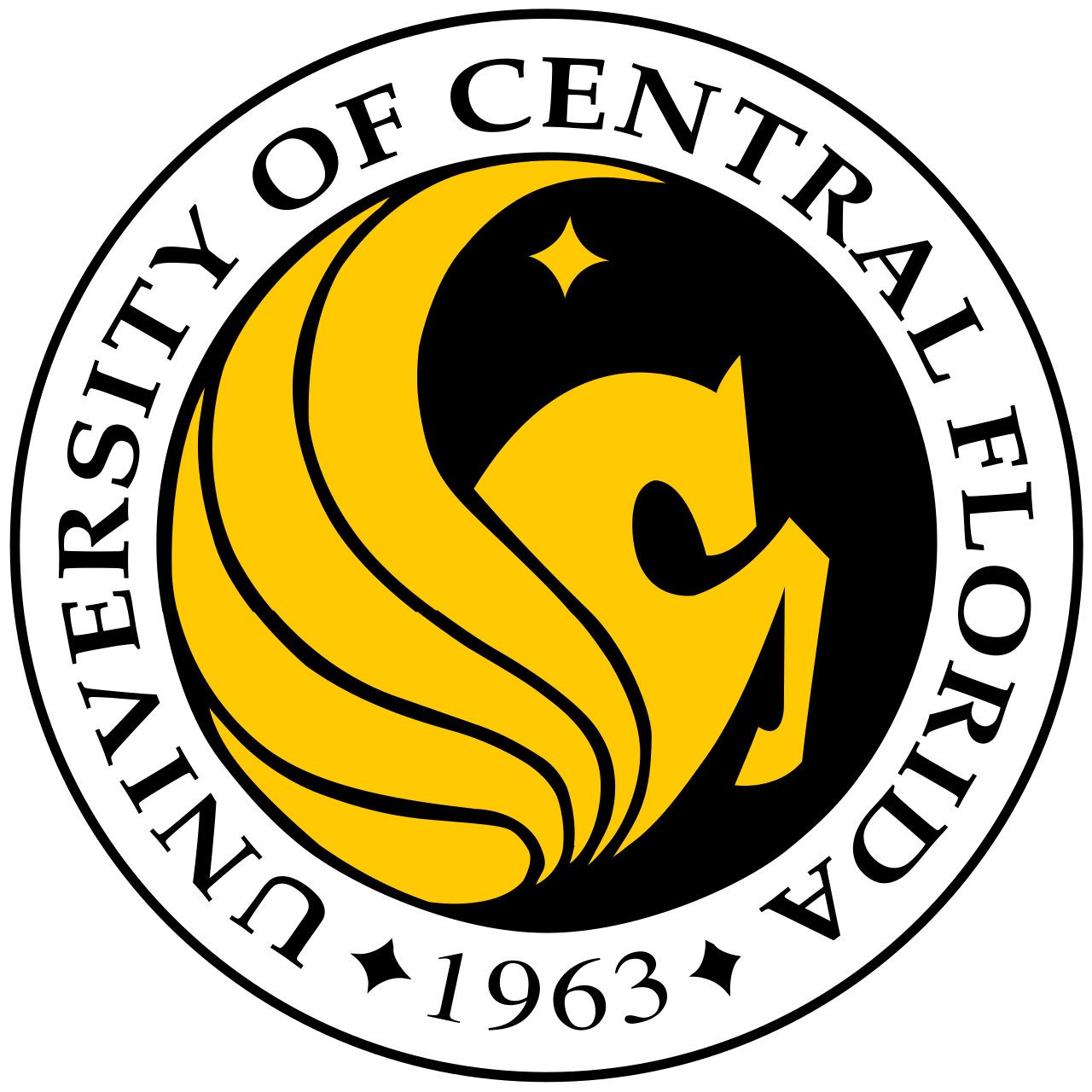 Seal of the University of Central Florida with a yellow crescent and star on a black background, encircled by the university's name and the year 1963.