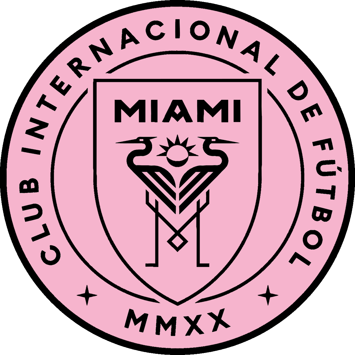 Seal of the City of Miami with the words "Fundación Nacional de Fútbol" around the border in Spanish, featuring a shield with a stylized sun, two dolphins, and a geometric design, and the Roman numerals MMXX at the bottom.