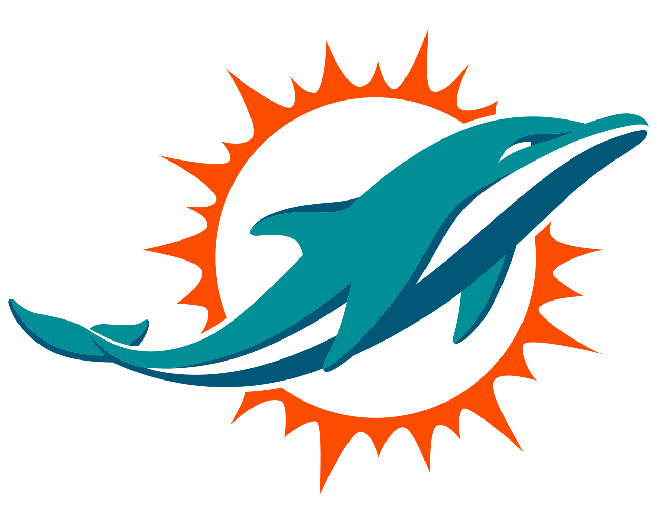 Miami Dolphins logo featuring a teal dolphin leaping in front of an orange sun with white rays.