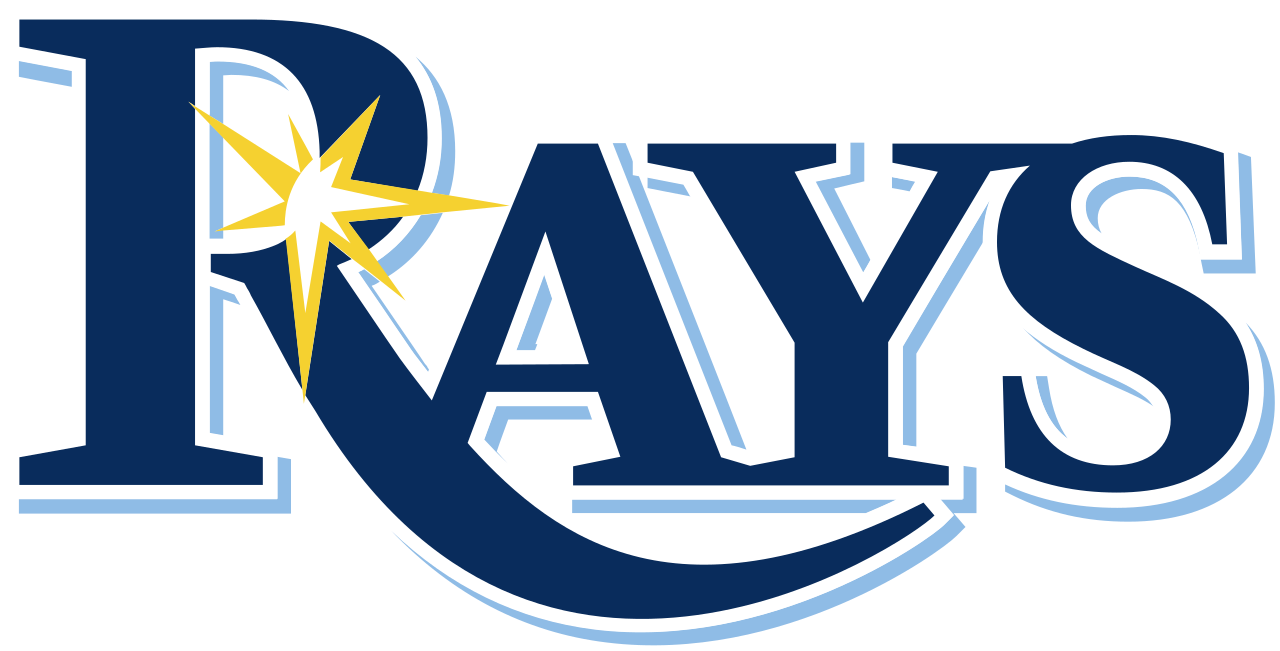 The Tampa Bay Rays logo featuring large navy blue letters 'RAYS' outlined in white, with a yellow and white sunburst in the letter 'R'.