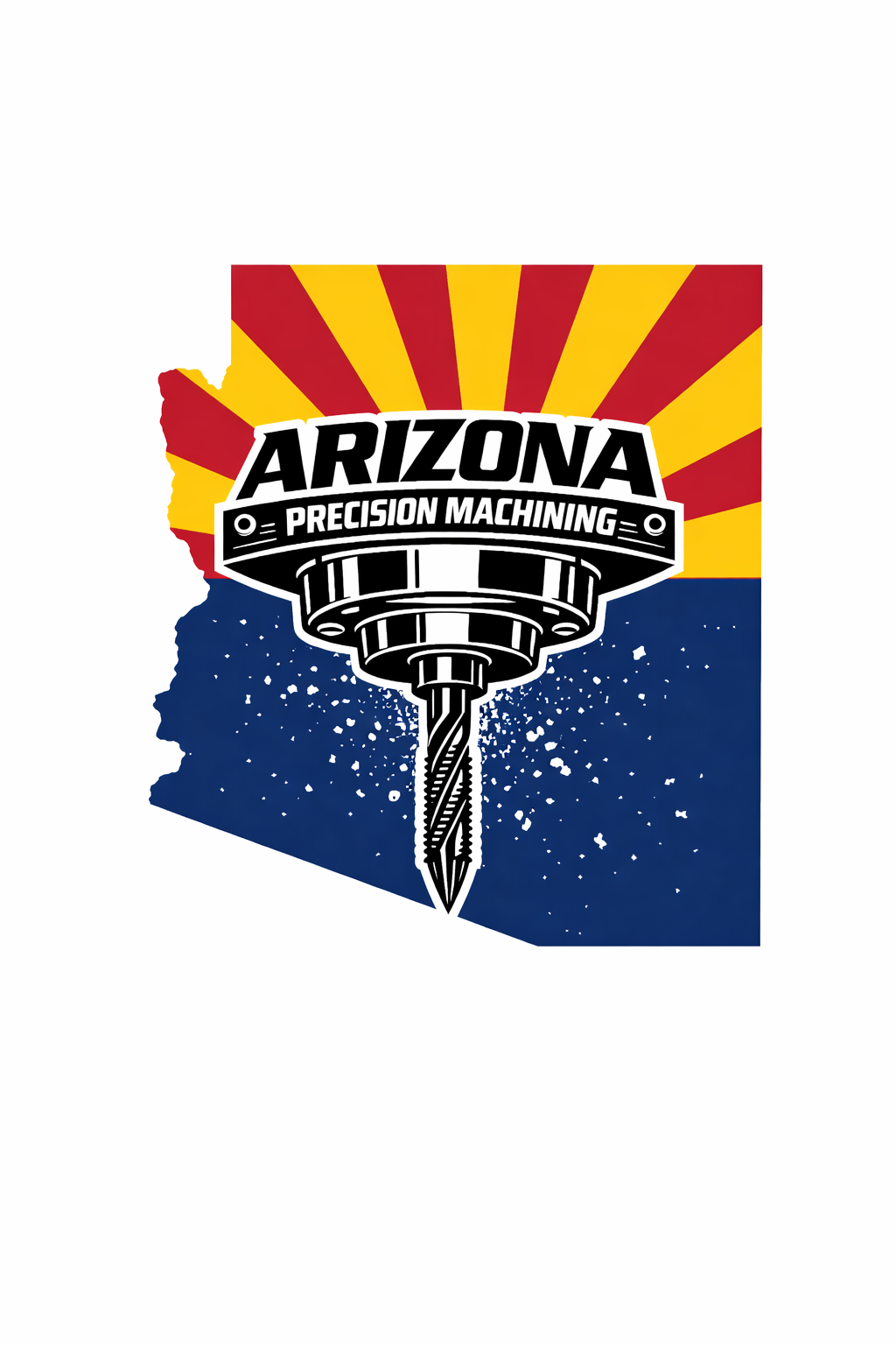 Arizona logo featuring a drill bit, with a background of red and yellow sun rays above and a blue, white splatter pattern below.